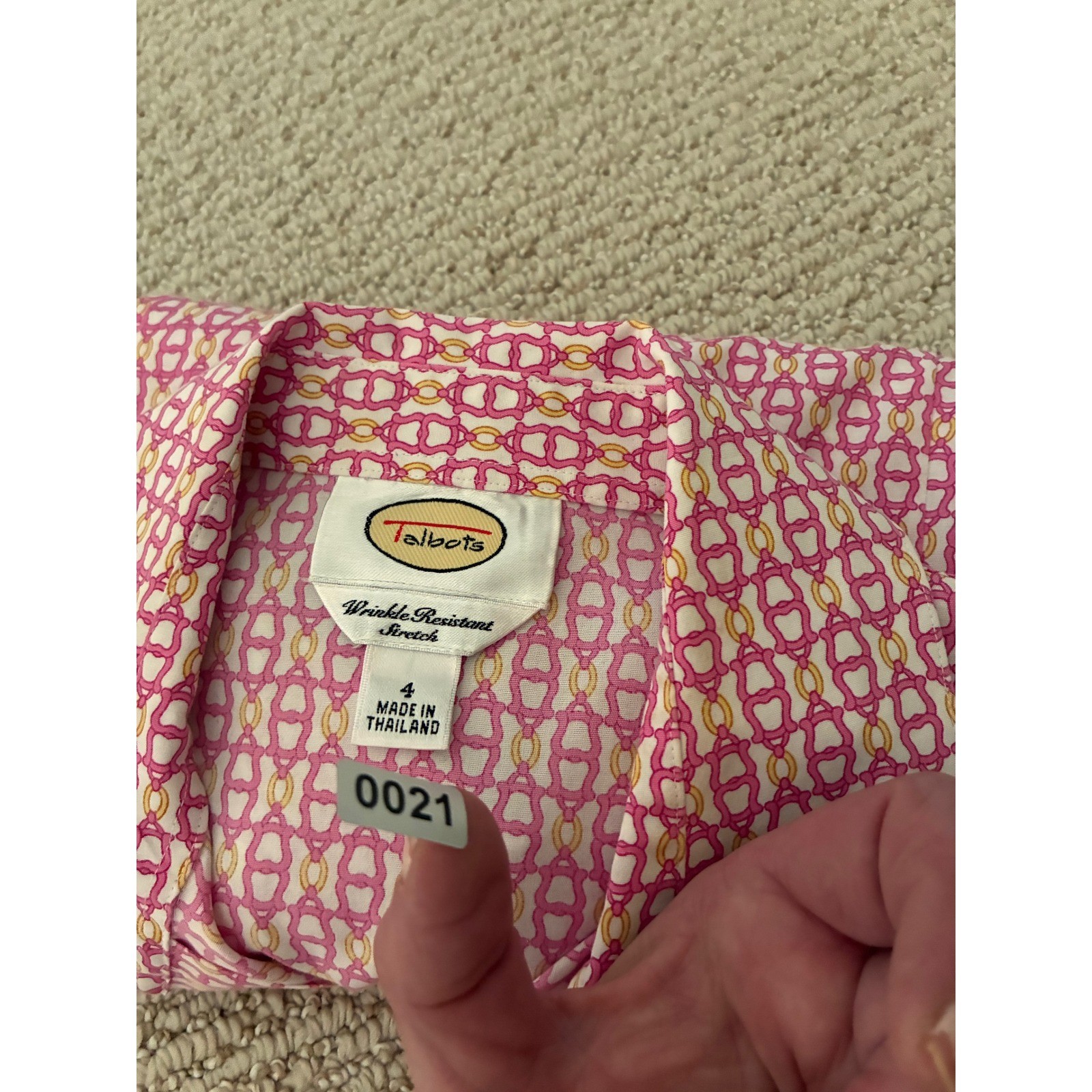 Talbots Wrinkle Resistant Stretch Pink Chain Link Print Button Down Shirt 4