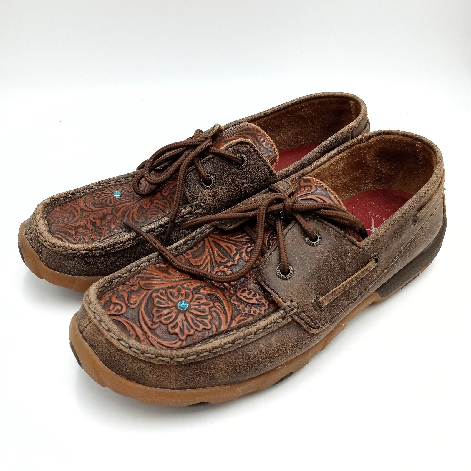 Twisted X WDM0092 Brown Leather Floral Tool Tourq. Stone Driving Mocs Boots 8.5