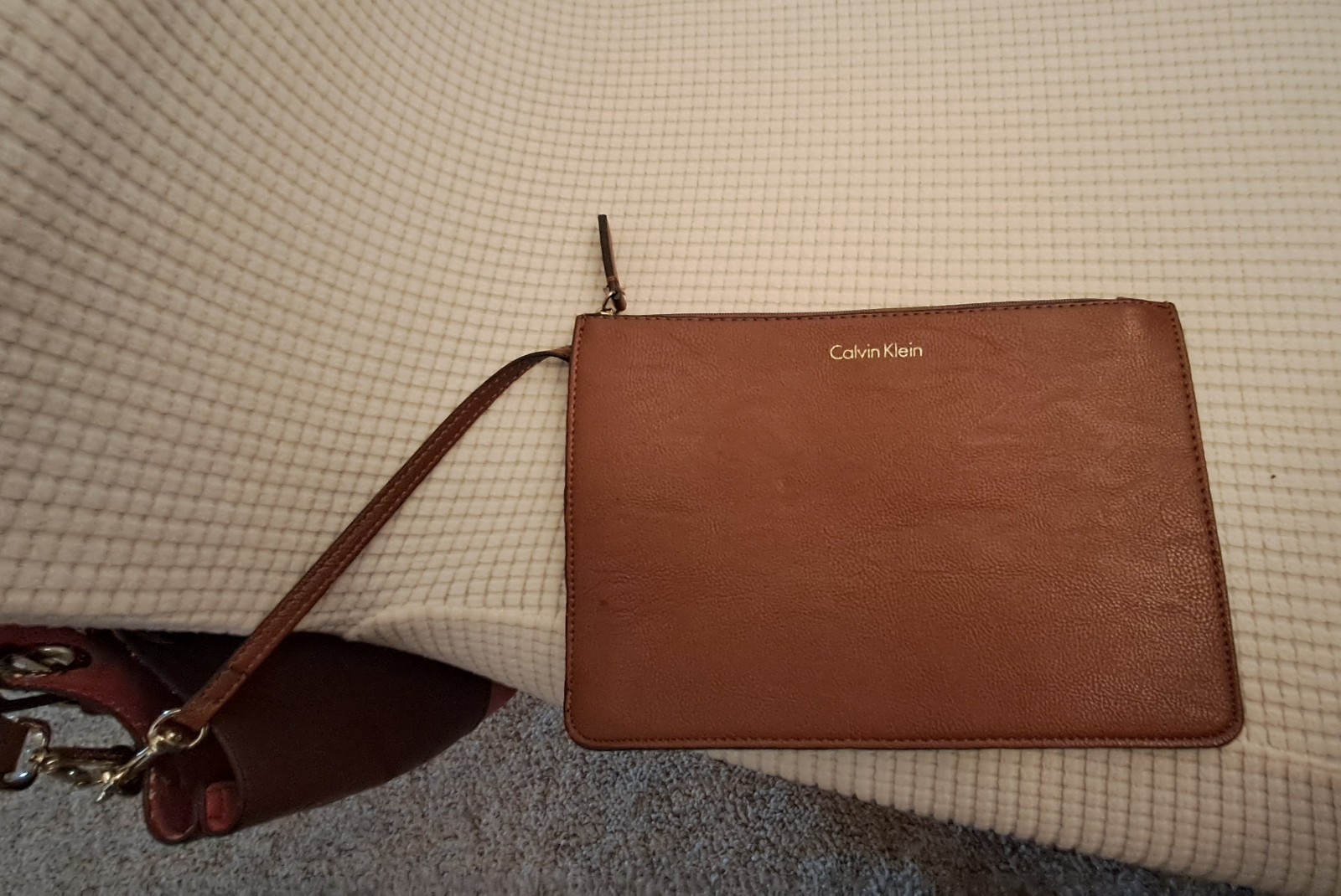Calvin Klein Brown & Coral Colorblock Large Tote w/ Detachable Strap & Pouch