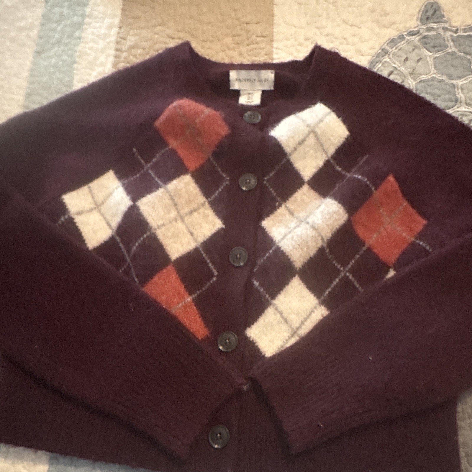 Sincerely Jules V-Neck Knit Argyle Button-Front Cardigan Sweater Burgundy S