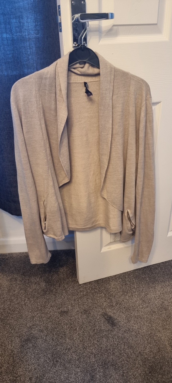 M&S Collection Oatmeal Beige Fine Knit Open Front Cardigan with Zip Details
