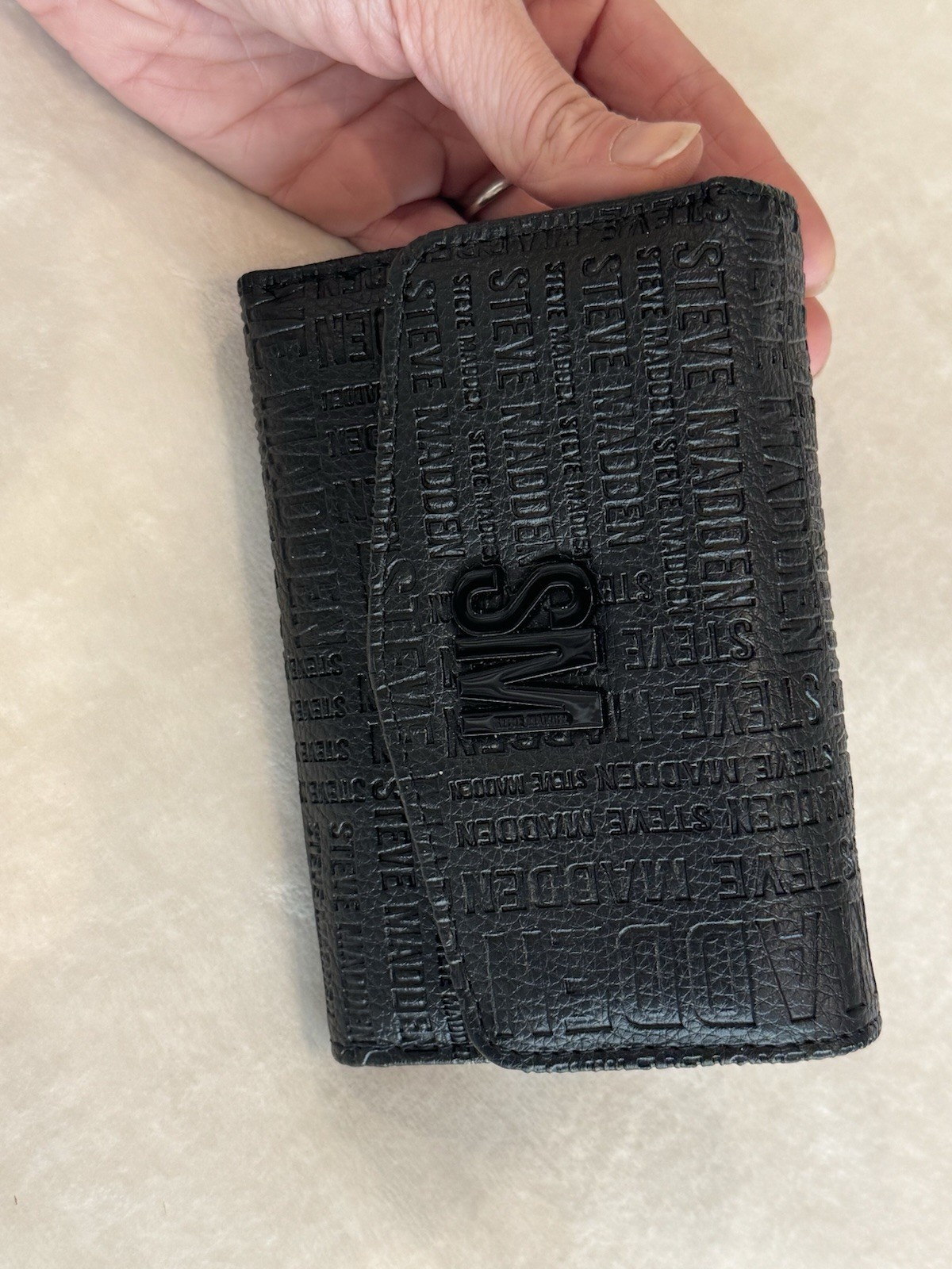 Steve Madden Black Folding Wallet Logo Zipper Button Credit Card Women