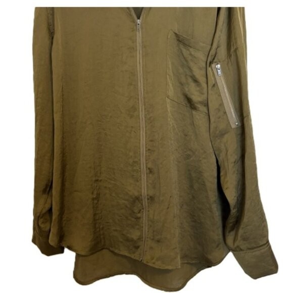 Treasure & Bond Olive Green Satin Hi Low Bomber Shirt Sz XL