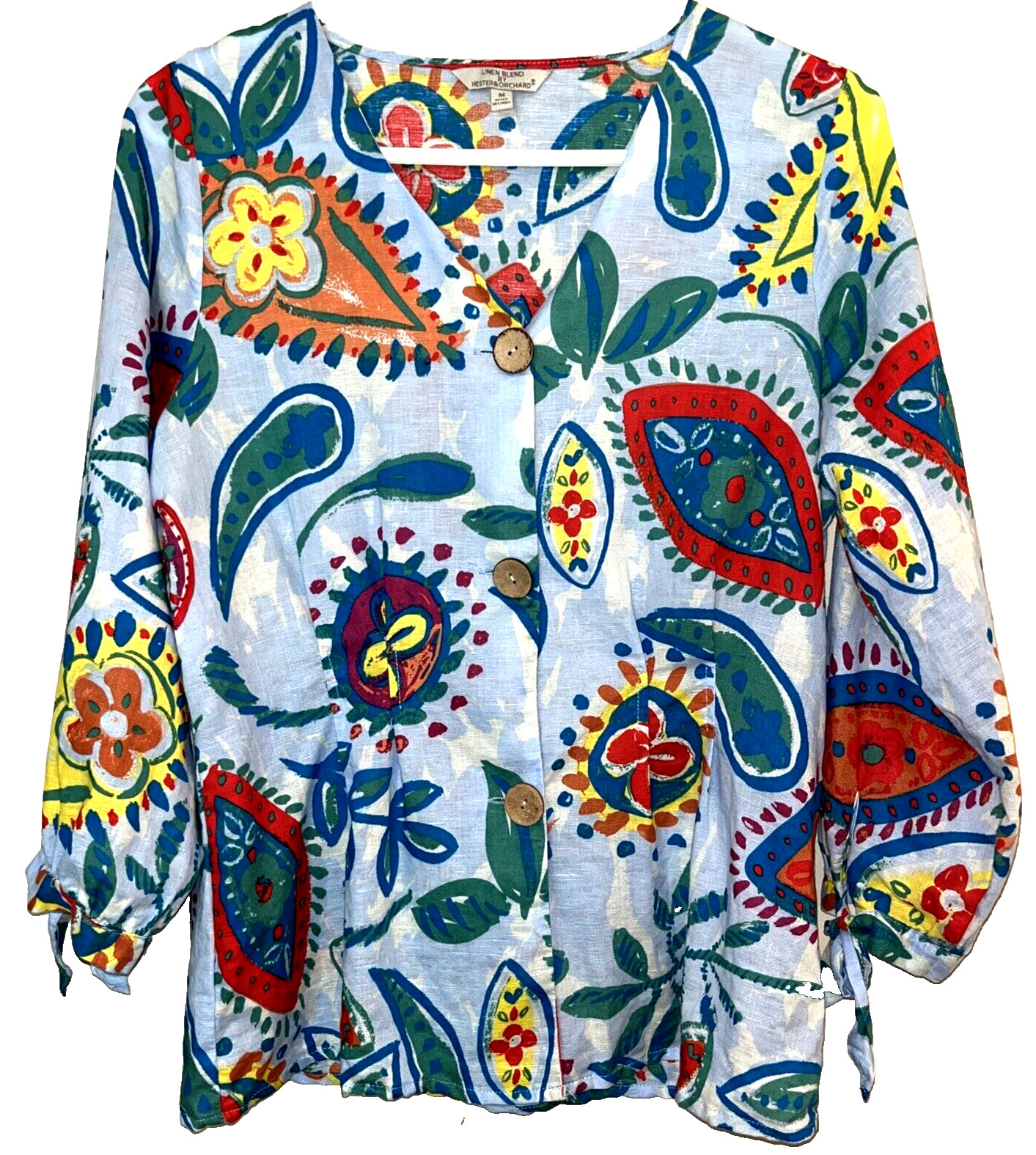 Hester & Orchard Linen Blend Medium Blouse Shirt Colorful Floral Artsy
