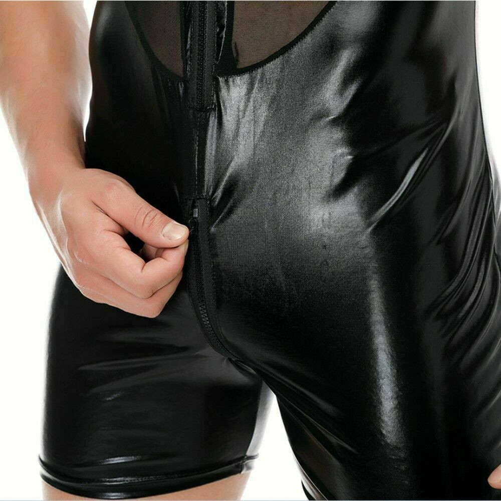 Men’s PU leather Mesh tight Bodysuit Lingerie Wet Look Shiny Long Sleeve Costume