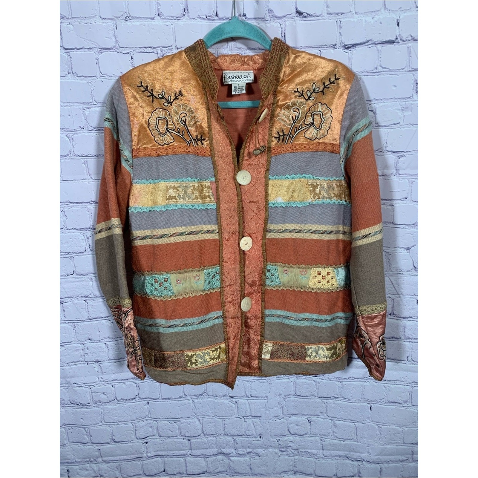 Flashback Womens VTG Patchwork Button-Up Jacket Multi Sz S Boho Festival Layer