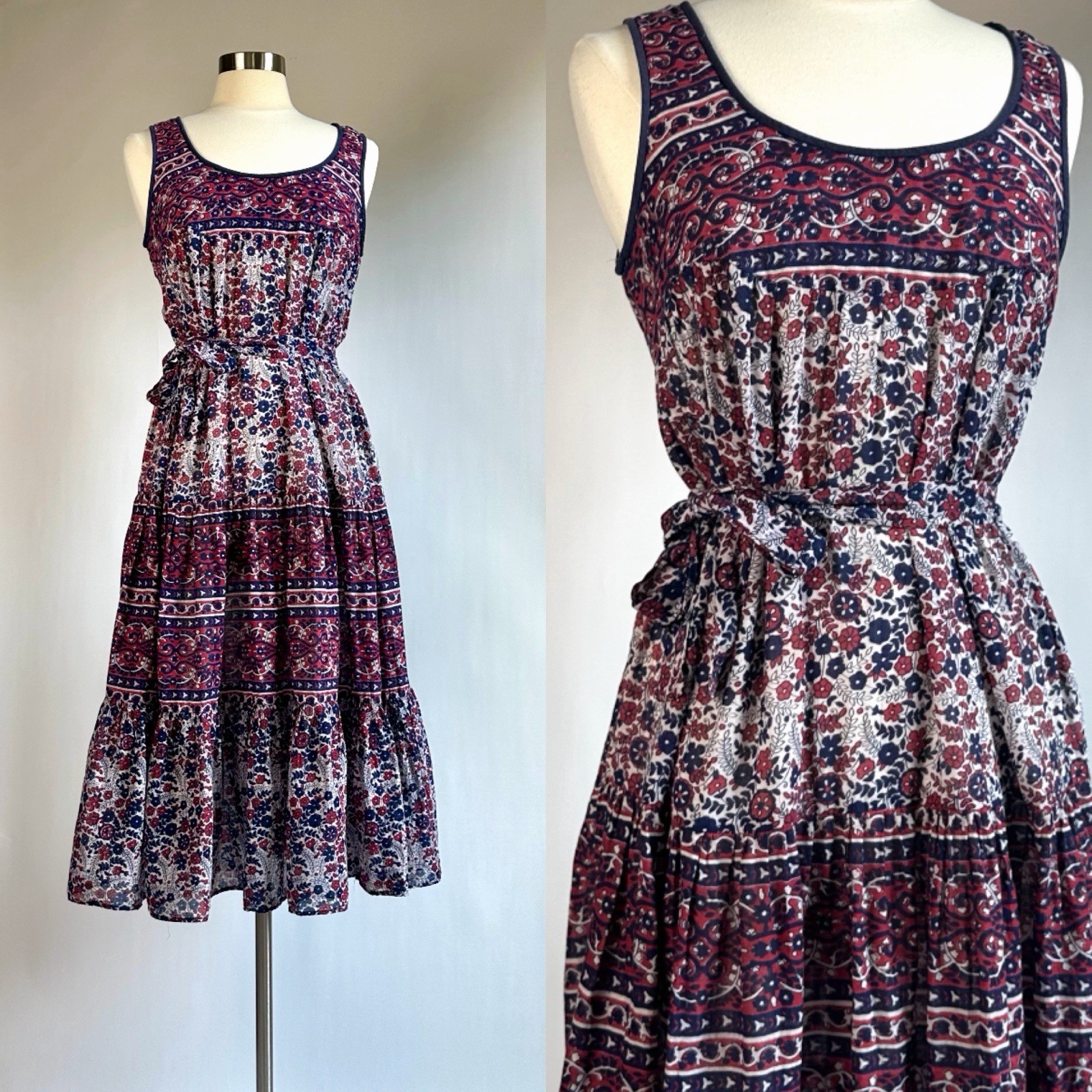 Vintage Kaiser 100% Cotton Tiered Gauze Dress with Optional Self Belt M/L