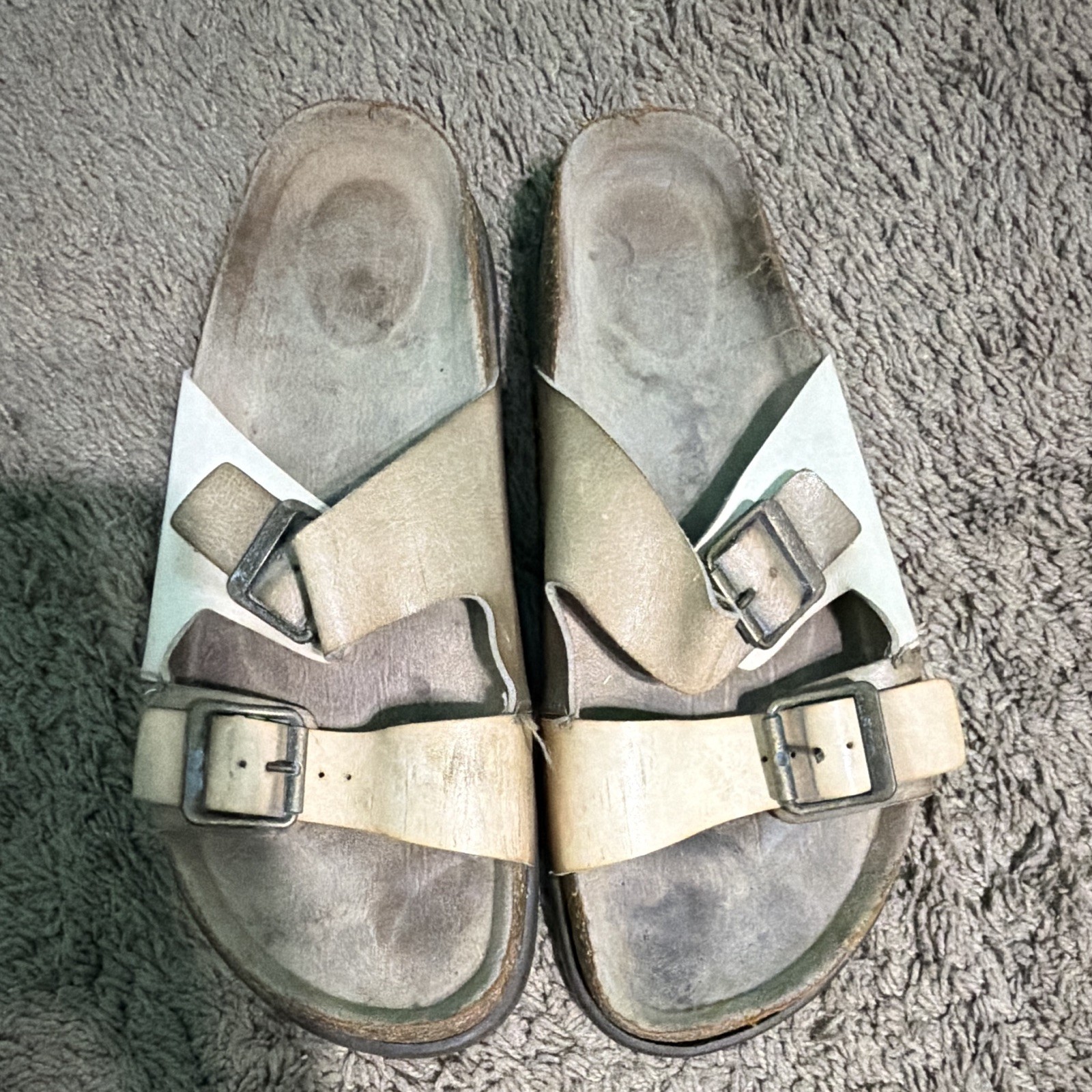 Men’s Beige/White/Gray Colorblock Slide Sandals US 10 Synthetic Buckle Strap