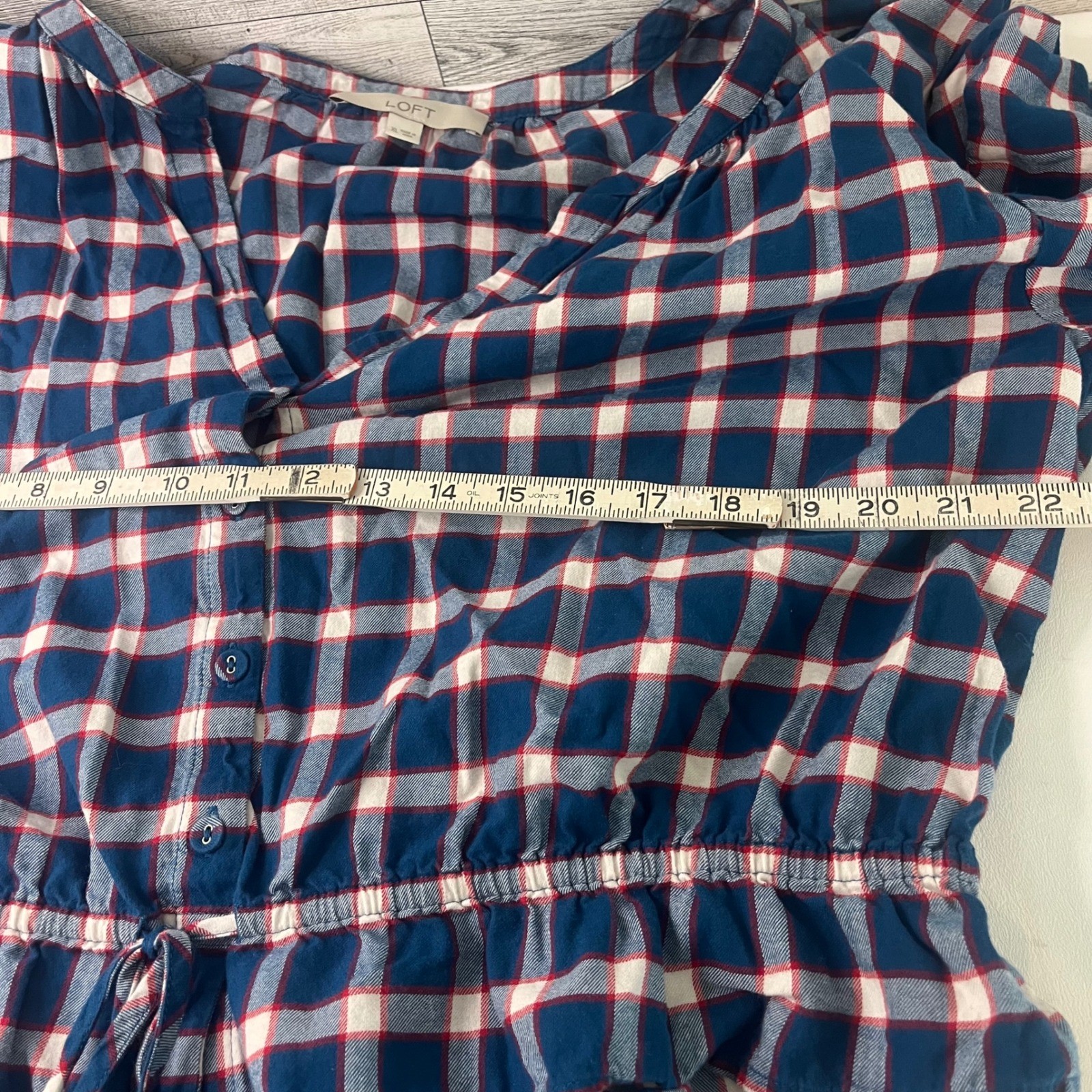LOFT Blouse Womens XL Blue Red Plaid Peplum Drawstring Waist V-Neck Top