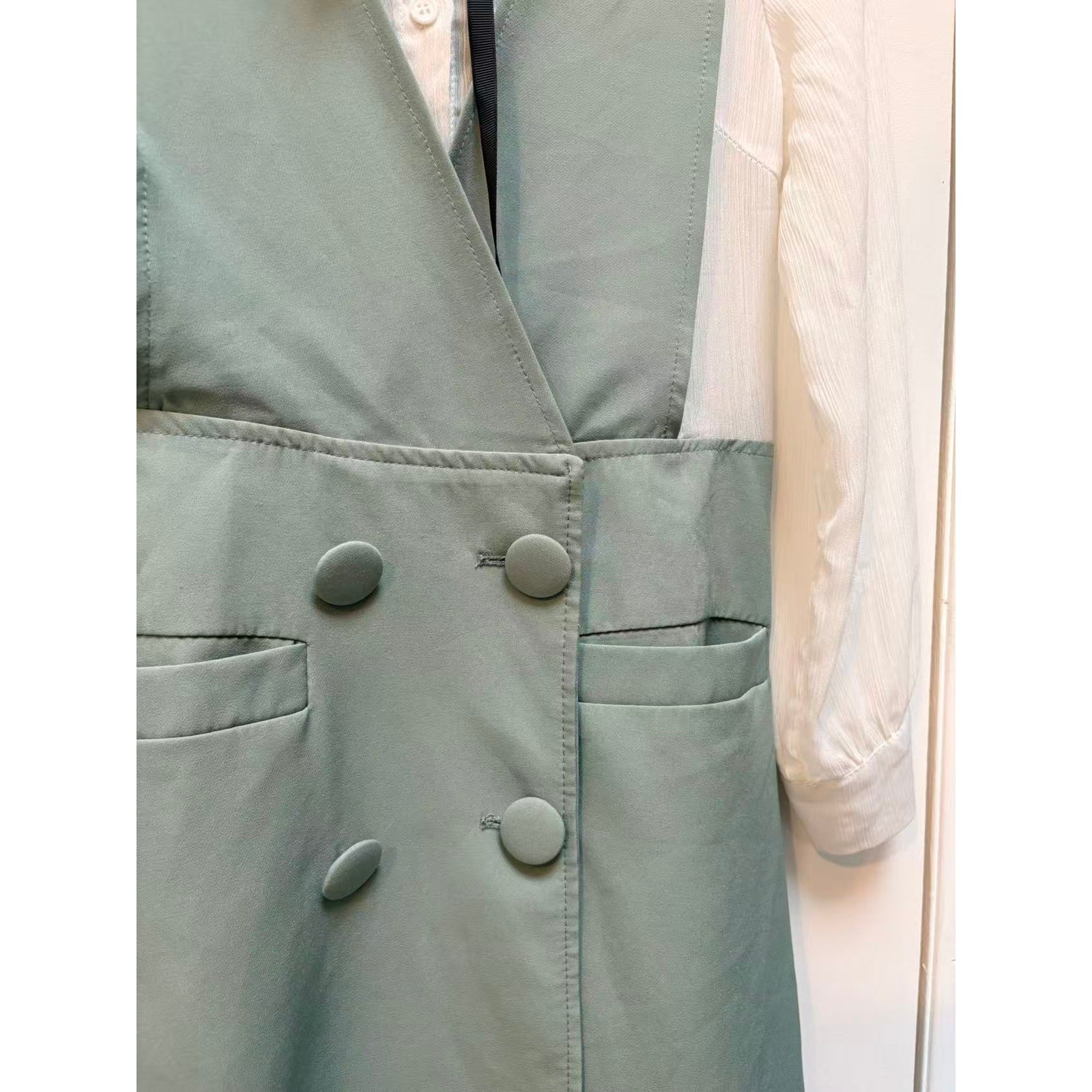 Korean Style 2 Piece Set Sage Green Pinafore Dress White Sheer Blouse Bow XS