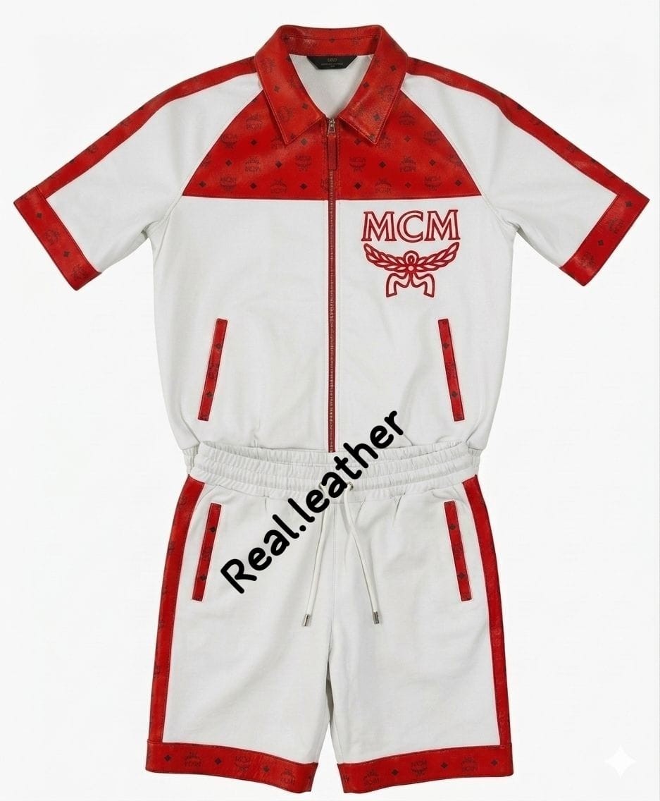 Vintage MCM Tracksuit White Red Leather Jacket & Shorts & Cap Monogram Logo