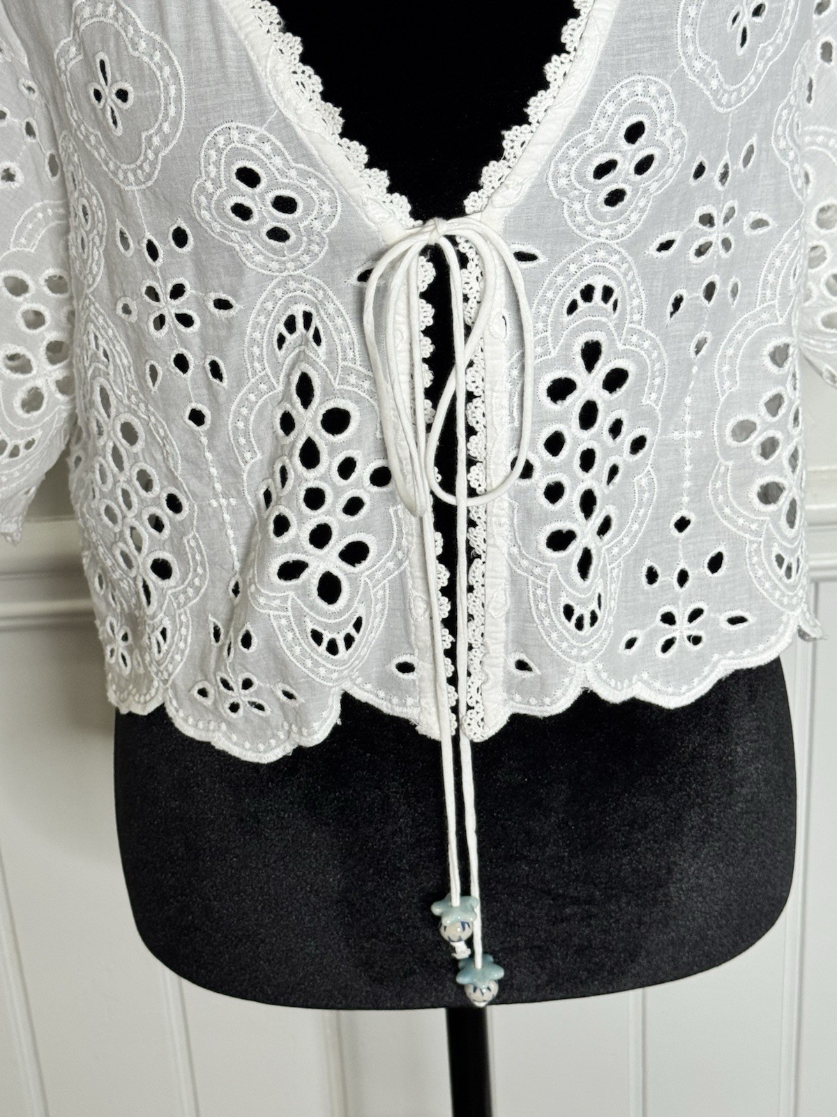 Anthropologie Maeve Top One Size White Eyelet Boho Cottagecore Tie Front Blouse