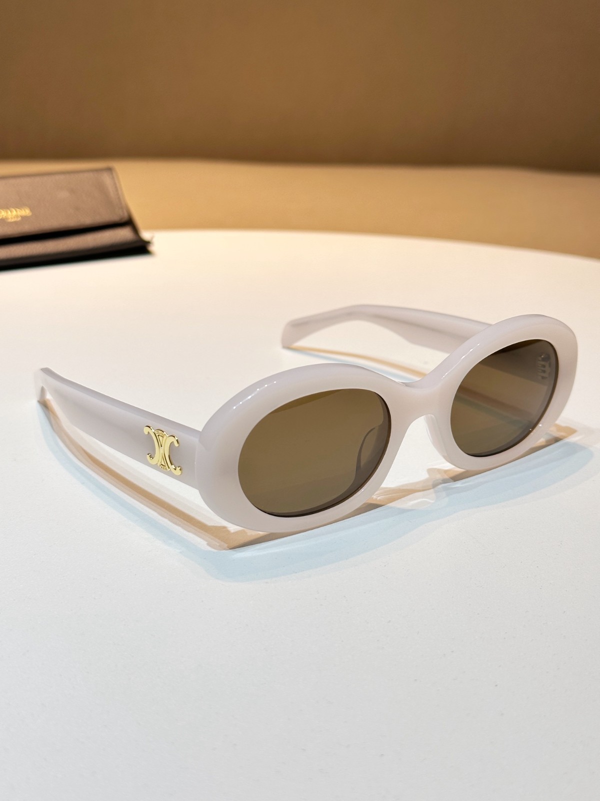 Celine Triomphe Oval Sunglasses Off-White Acetate Gold Logo Designer Chic