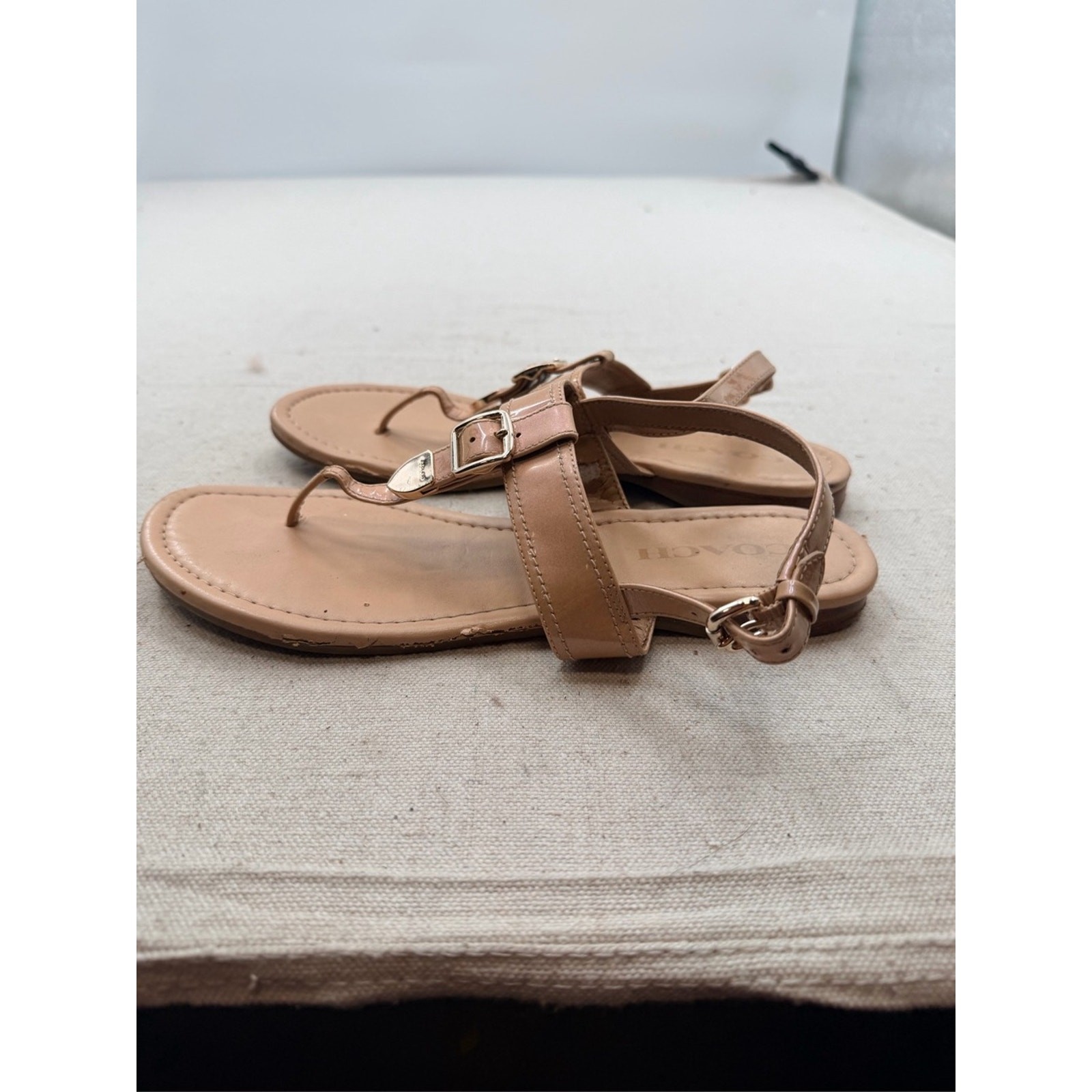 Coach Cassidy Nude/Tan Leather T-Strap Sandals with Buckle