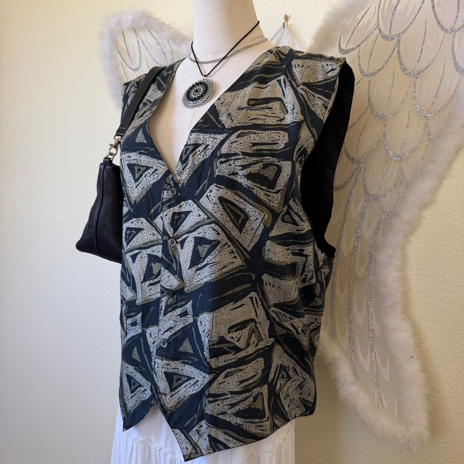 90s Funky Oversized Silk Vest Large Abstract Geometric Print Black Green Y2K