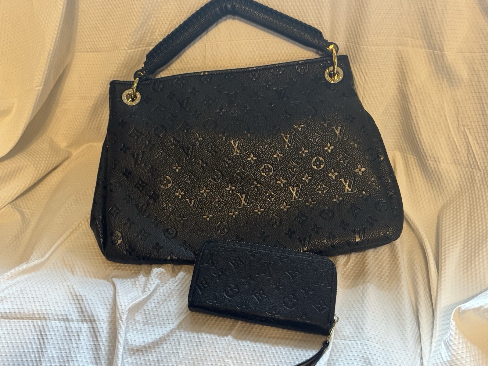 Louis Vuitton Black Monogram Embossed Satchel Top Handle Zip + Strap + Wallet