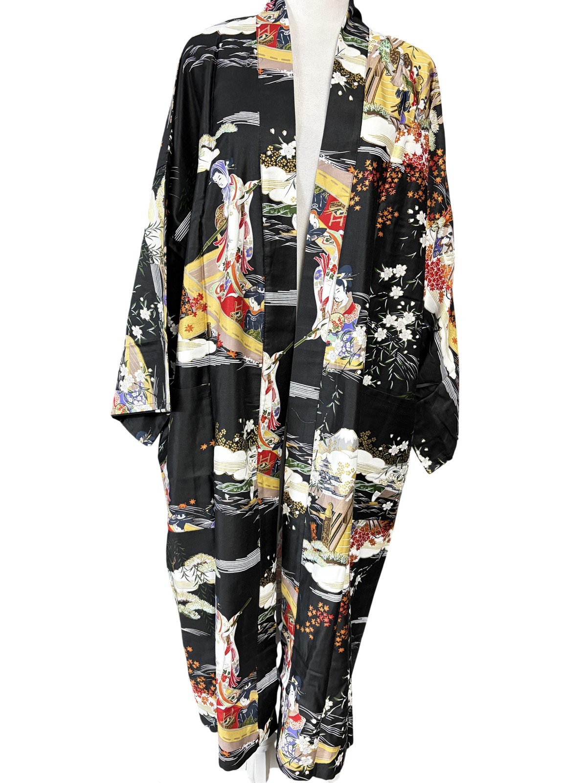 Oriental Bazaar Kimono Robe Womens XL Black Cotton Belted Floral Scenic Print