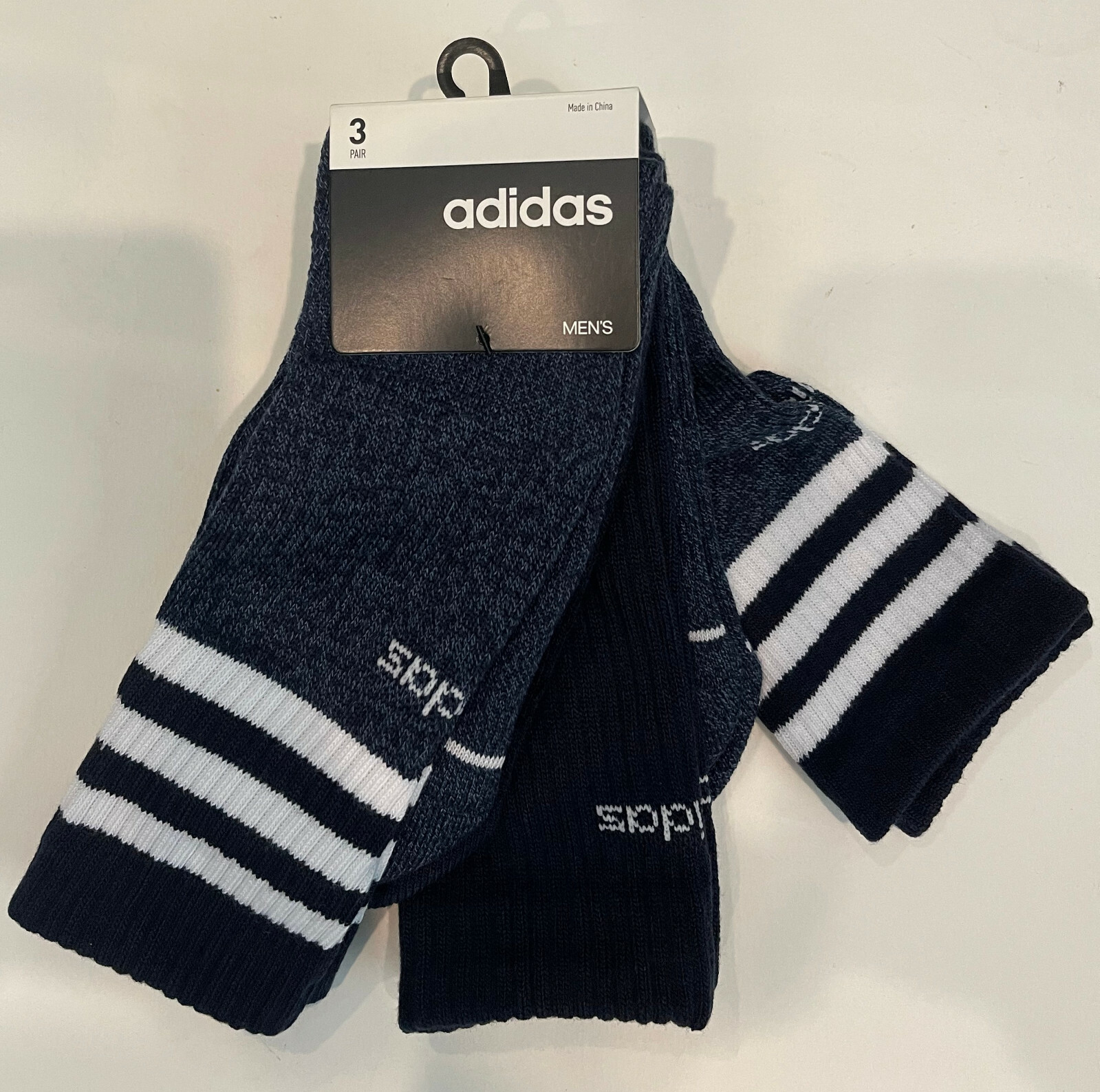 adidas Mens 3-Pack 3-Stripe Crew Socks Size: 6-12 Dark Blue/White 3-Pairs New