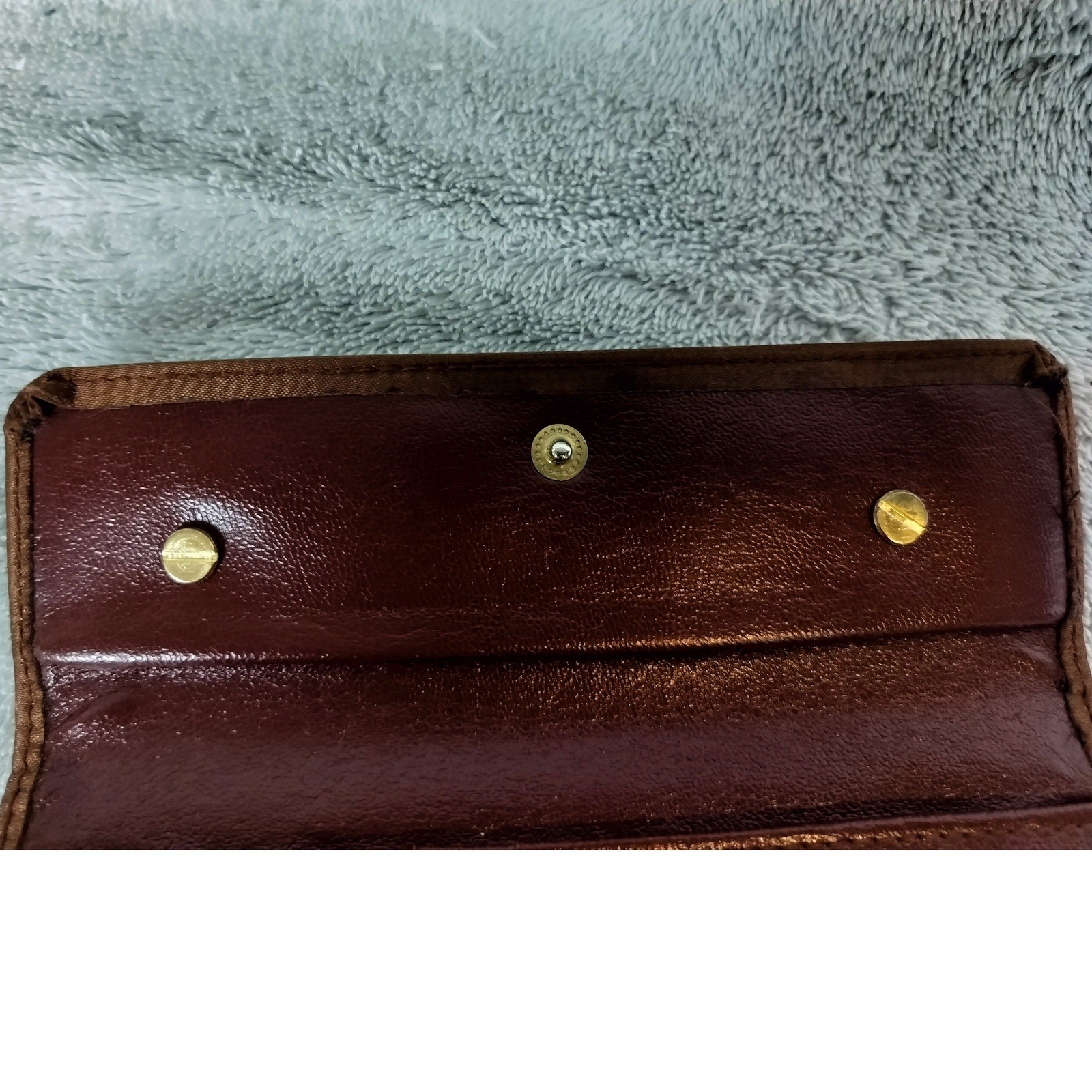 Vintage Moschino Satin Logo Plaque Tri-Fold Wallet Womens Brown Bronze 90s