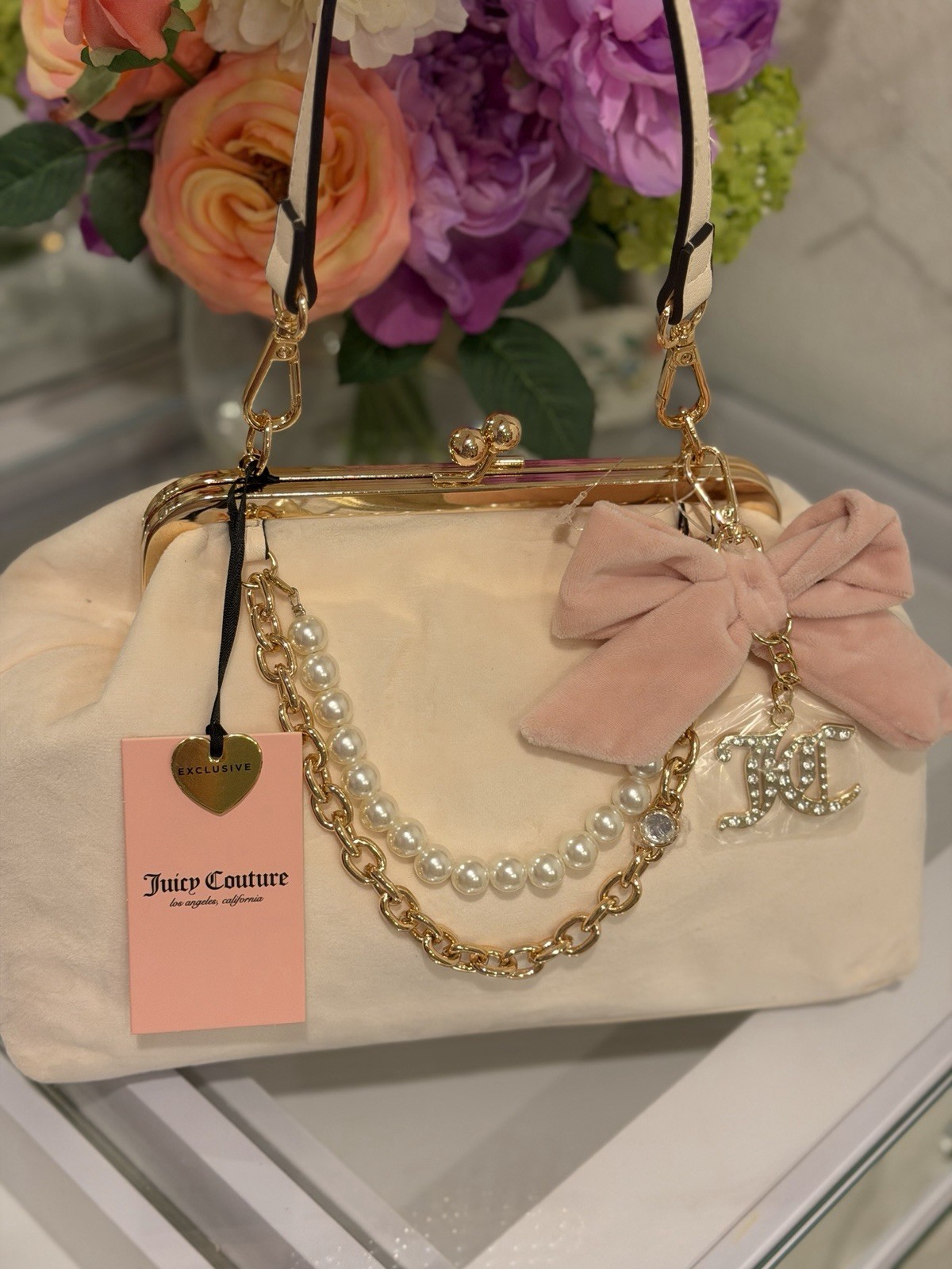 Juicy Couture Pink Kiss Lock Shoulder Bag Bow Pearl Rhinestone Charm Pockets