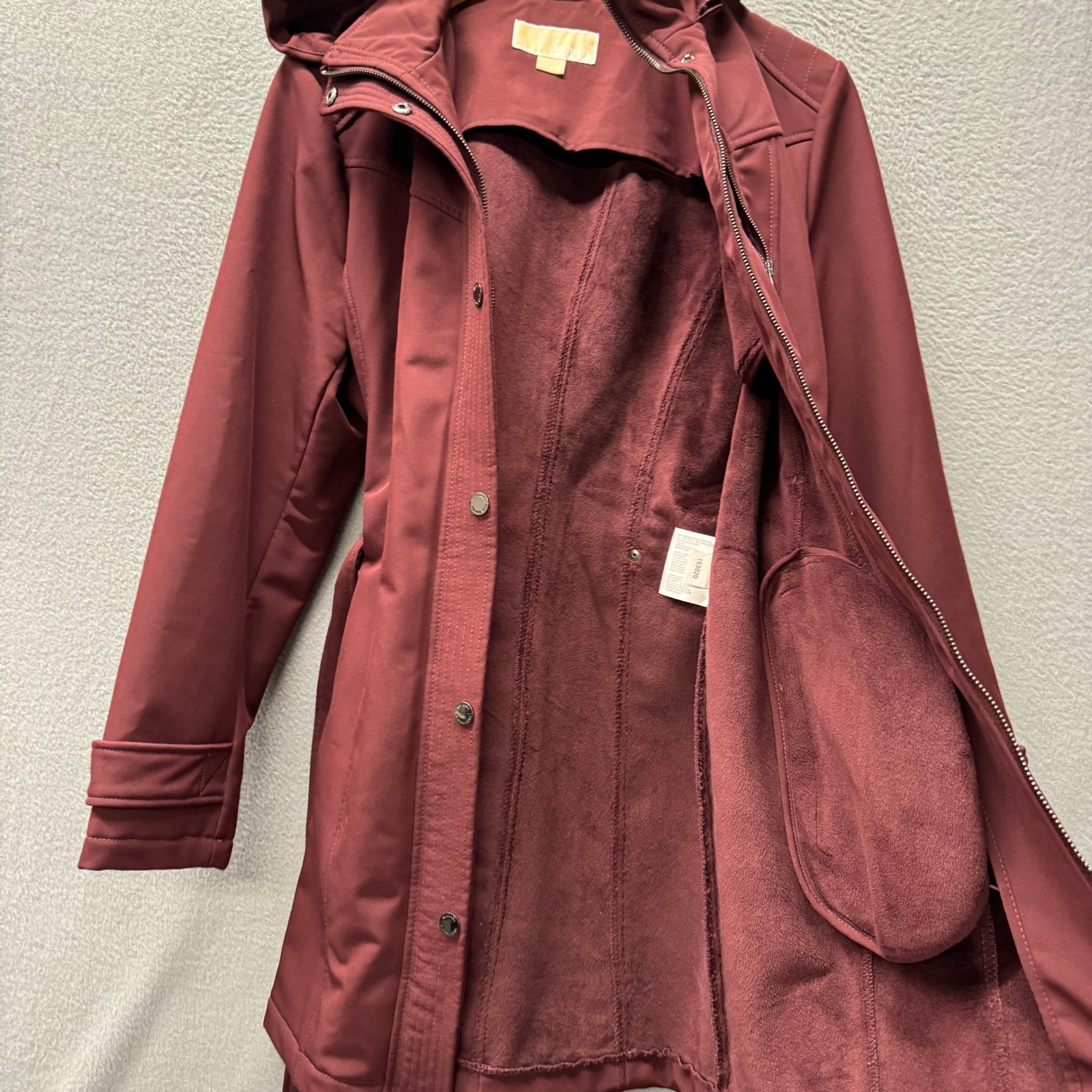 Michael Kors Softshell Jacket Womens Large Belted Hooded Burgundy Trench Coat