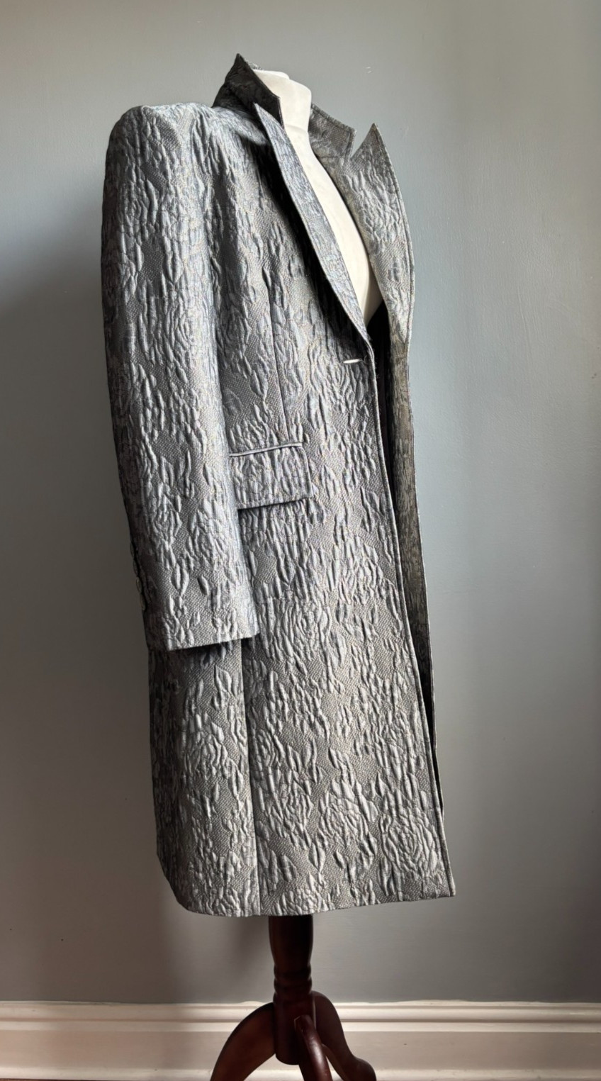WHISTLES LONG LINE JACKET 10 jacquard shiny silver gold grey faux silk metallic
