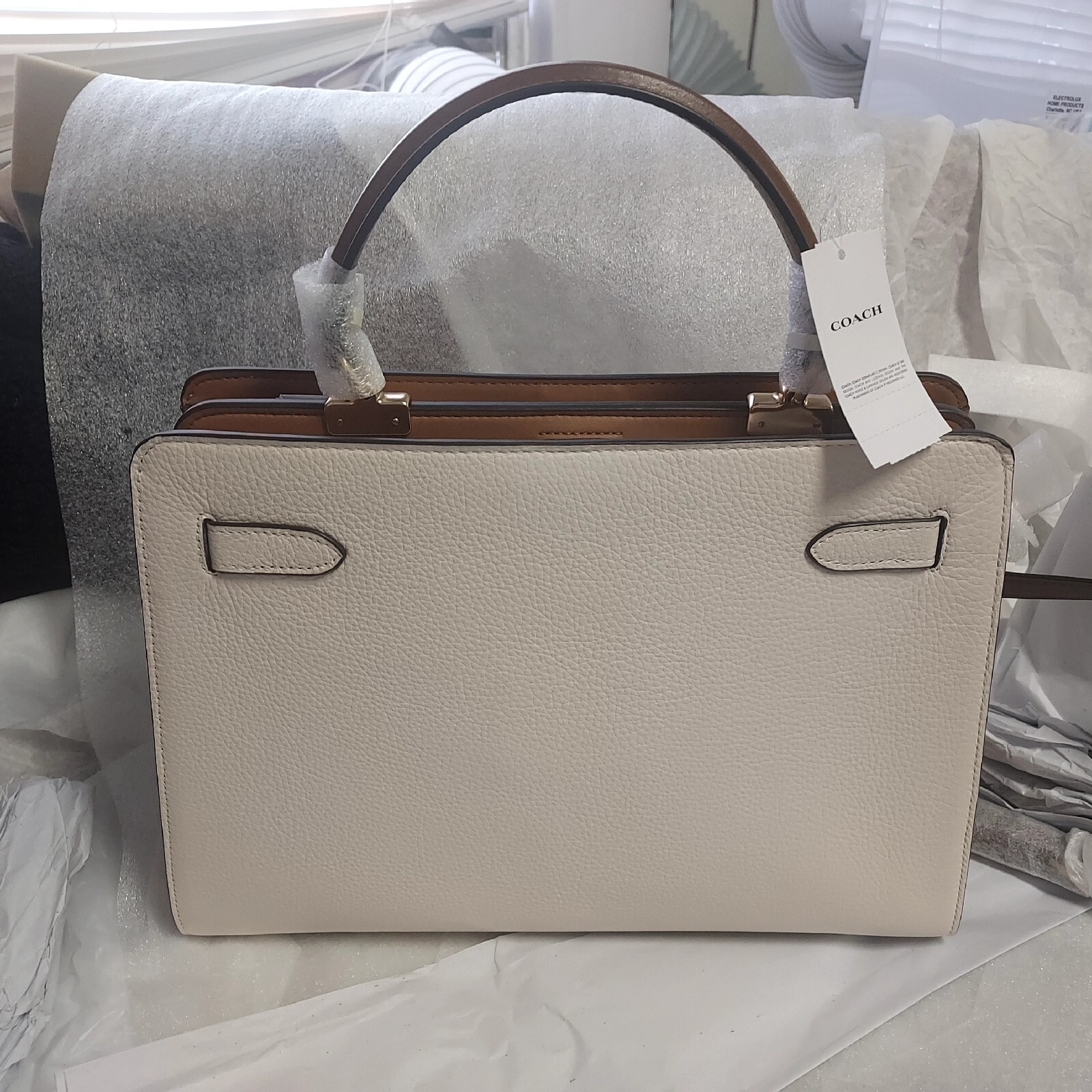 Coach Lane Carryall In Colorblock Chalk White and Tan Leather Shoulder Bag