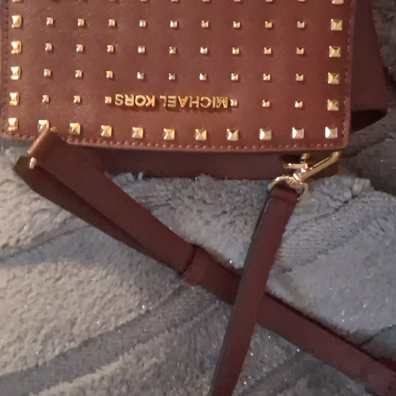 Michael Kors Studded Brown Small Crossbody Zip Bag Detachable Strap Gold