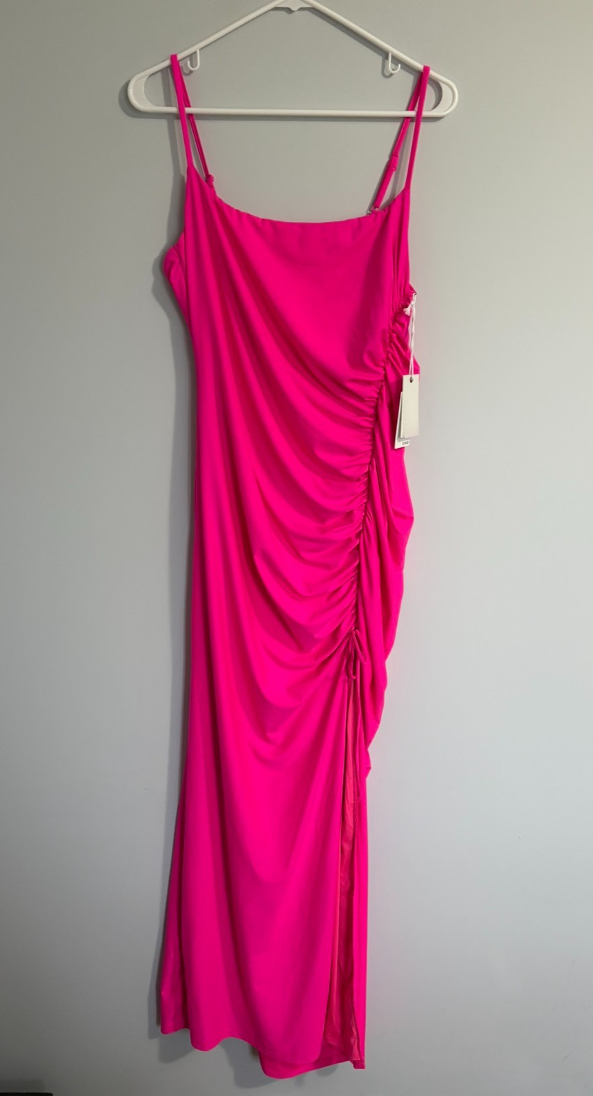 NWT Good American Maxi Dress Sz 5 Slit Spaghetti Staps Ruched Side Knockout Pink