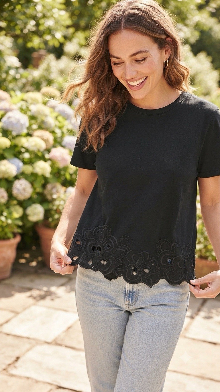 SZ XL Laurie Felt® NEW Women’s Embroidered Hem Black T-Shirt Cotton Top