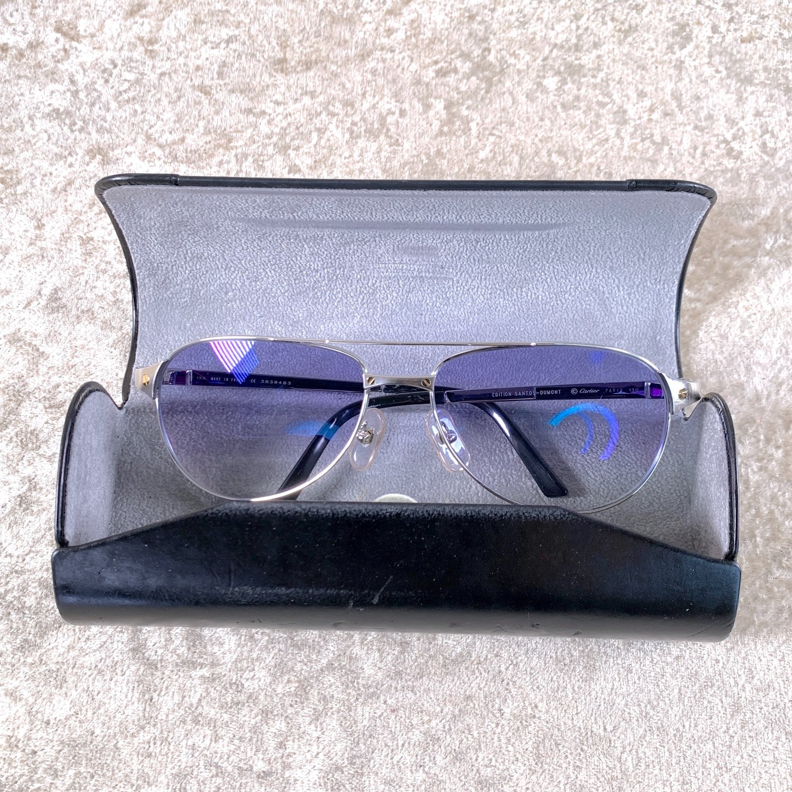 Cartier Santos Dumont Sunglasses Silver Frame with Blue Lens 58-16-130 with Case