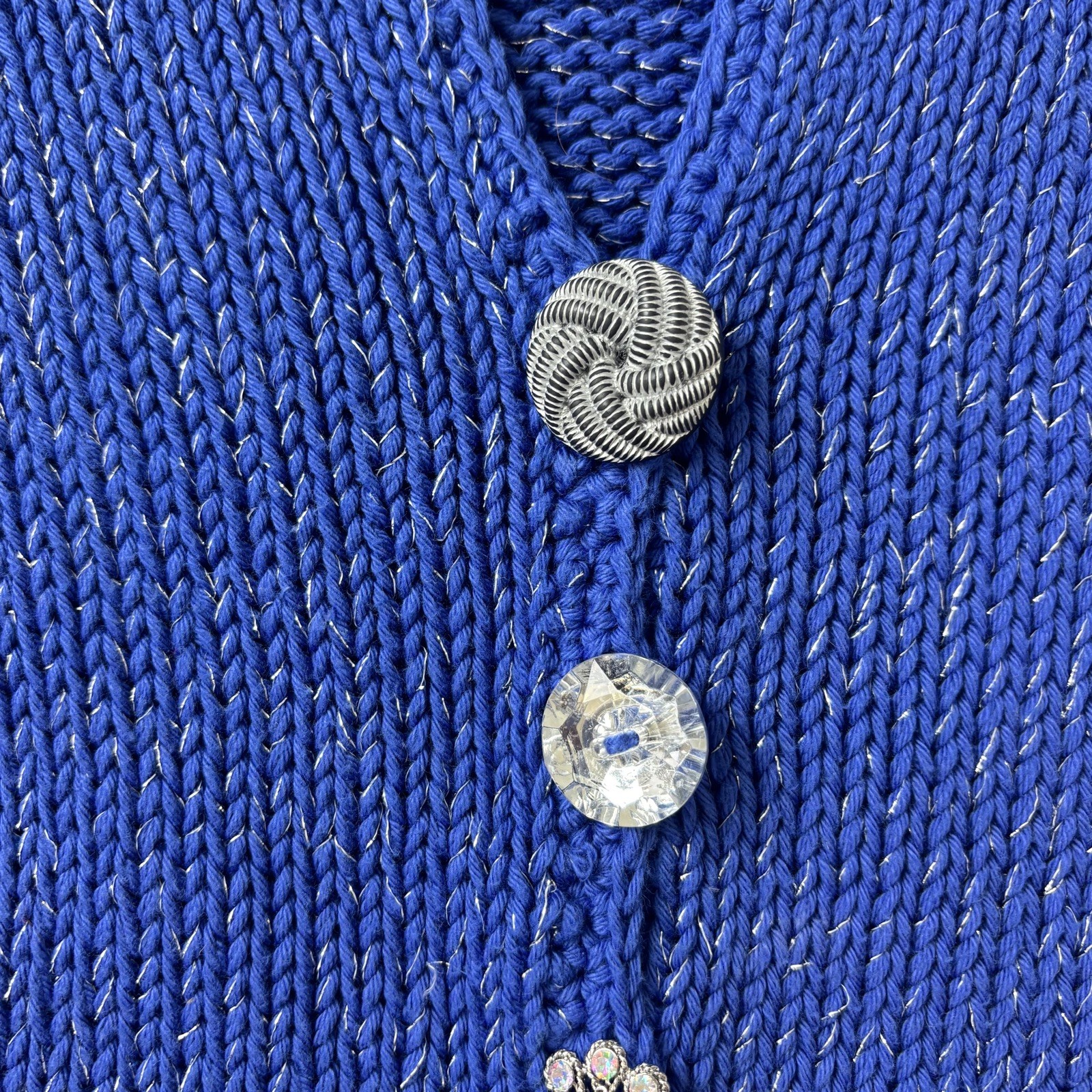 Brooch Button Handknit Womens Cotton Cardigan Size SP Blue Granny Cottagecore