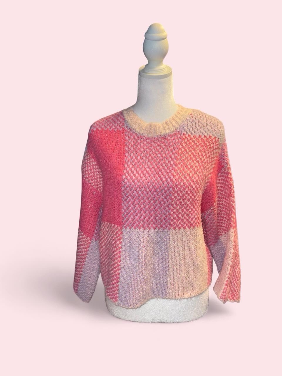 Jessica Simpson Women’s Pink Beige Purple Check Knit Crewneck Pullover XS