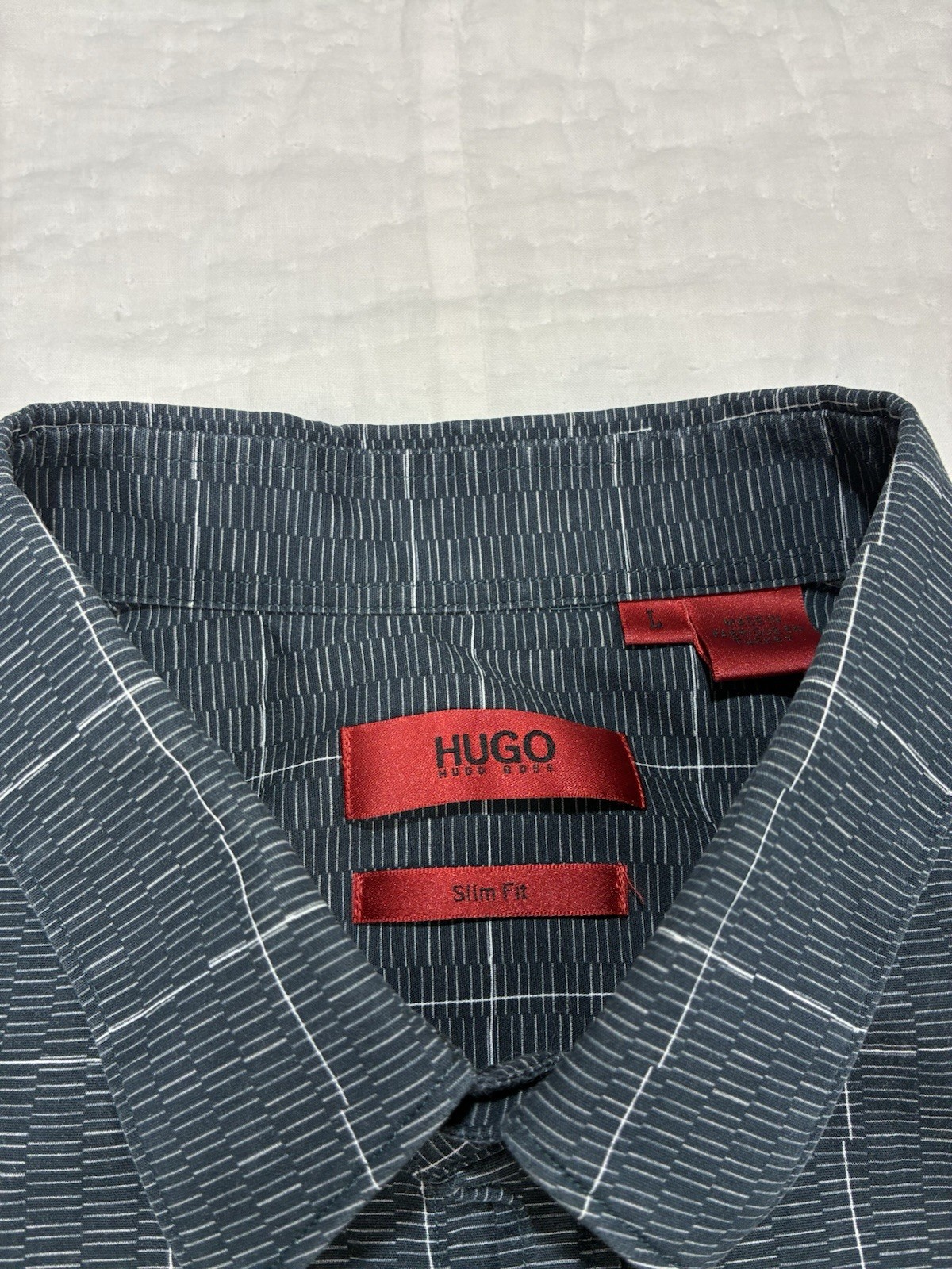 Hugo Boss Slim Fit Gray Geo Check Button Down Shirt Mens Large