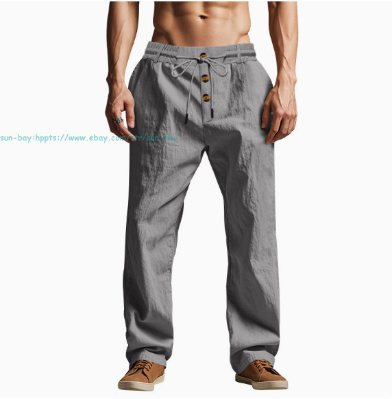 Men Casual Linen Pants Elastic Waist Drawstring Summer Beach Trousers withPocket