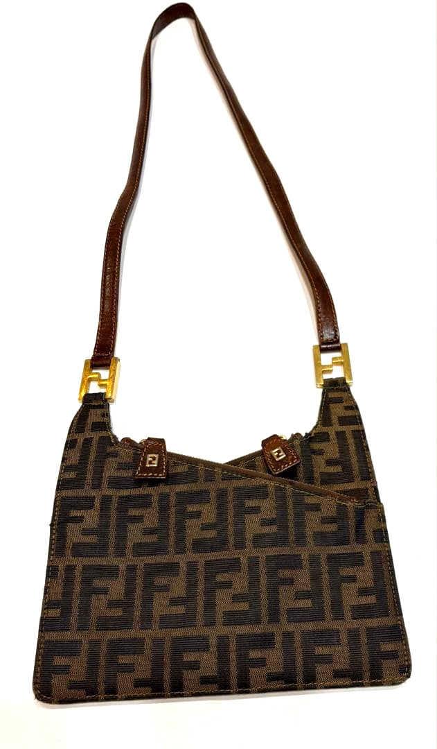 Fendi Auth Zucca Print Shoulder Bag Brown Beige Leather Nylon 15×22.5cm 5.9×8.9″