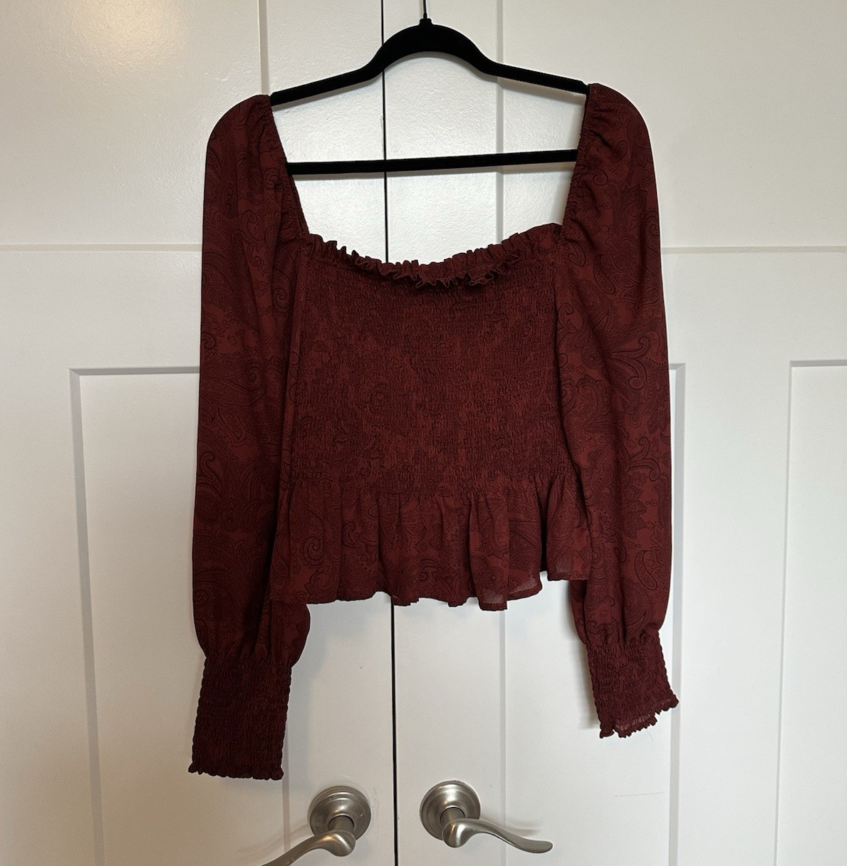 Shinestar Women’s XL Burgundy Paisley Square Neck Puff Sleeve Cropped Blouse