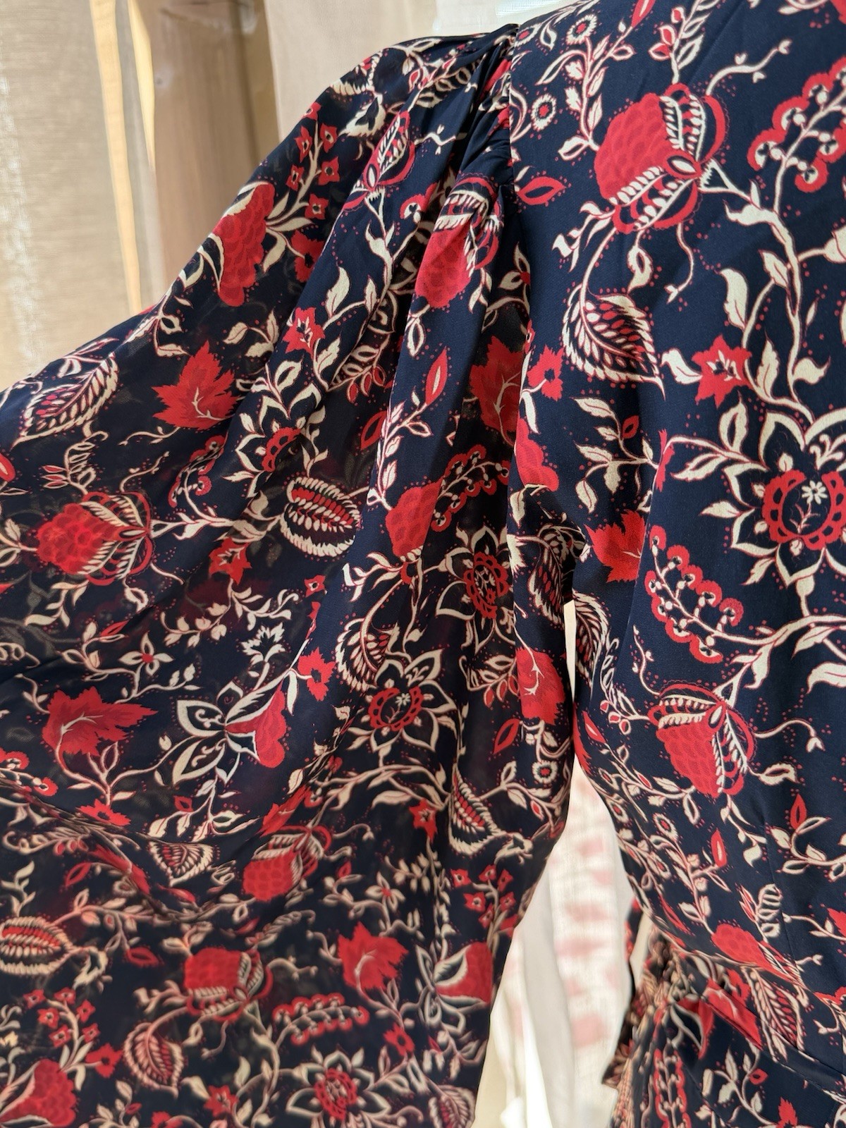 NWT RHODE Caro Black Red Cream Floral Fit & Flare Wrap Dress Long Puff Sleeve S