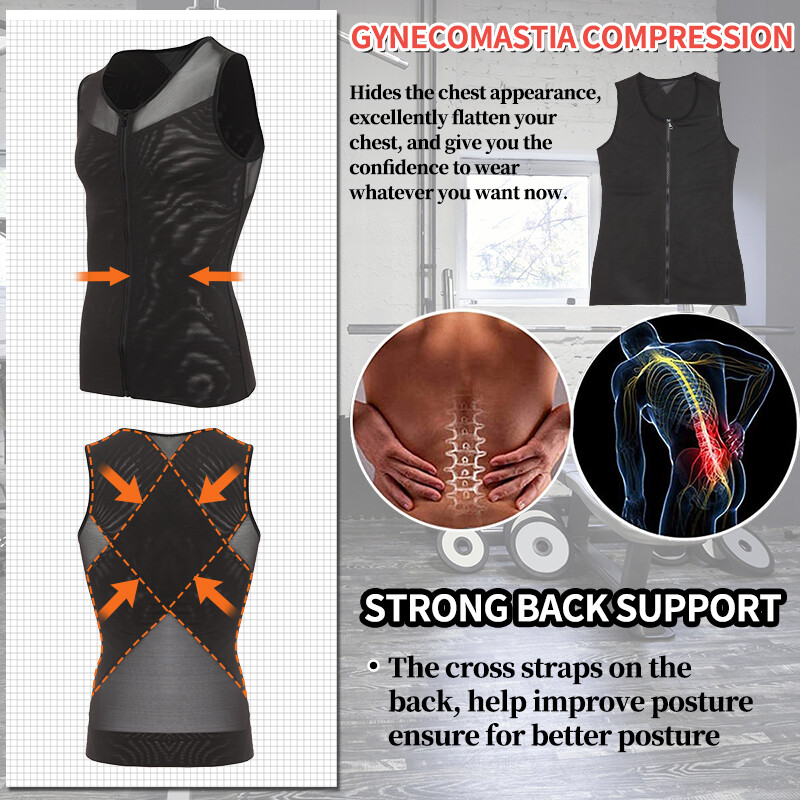 Men Compression Vest Top Body Shaper with Zipper Slimming Shirts Correct Posture