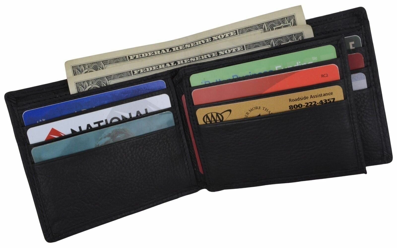 Bifold Mens Black Premium Leather Middle Flap ID Card Holder Wallet Cavelio Box