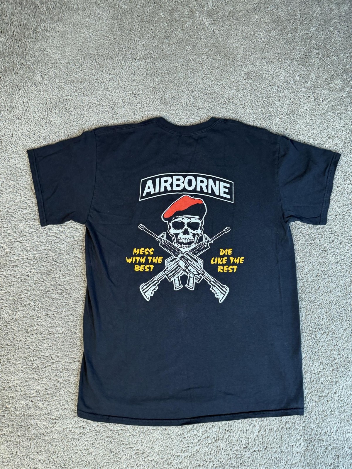 Airborne Shirt Mens L Black Skull Beret Graphic Back Print Crew Neck Cotton
