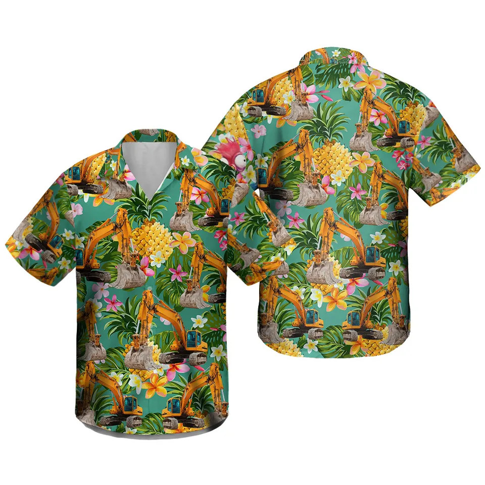 Heavy Excavator Floral Hawaiian Shirt Tropical Construction Worker Fan Gift