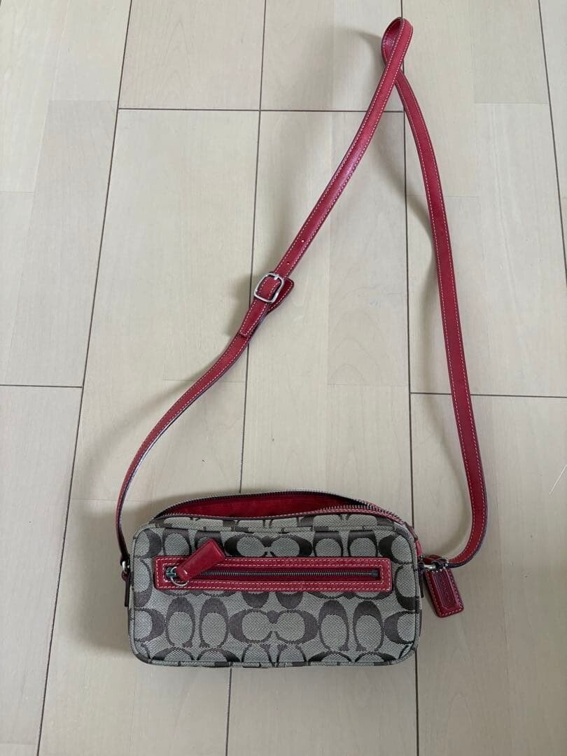 COACH Signature Canvas Leather Red Gray Shoulder Bag Women Zip Compact 22.5cm