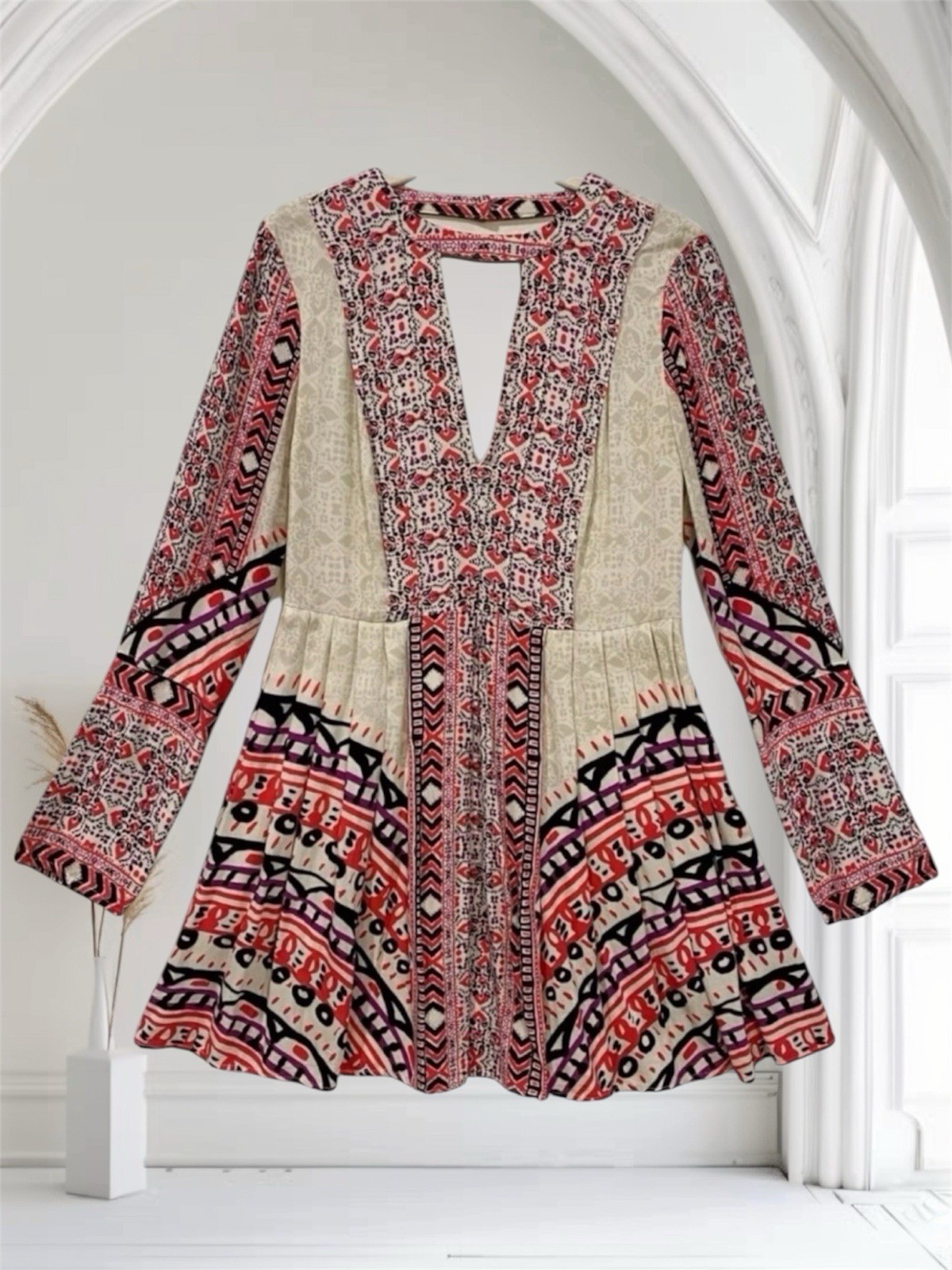 Free People Tegan Border Print Keyhole Mini Dress Size 2 Boho Summer Chic $108