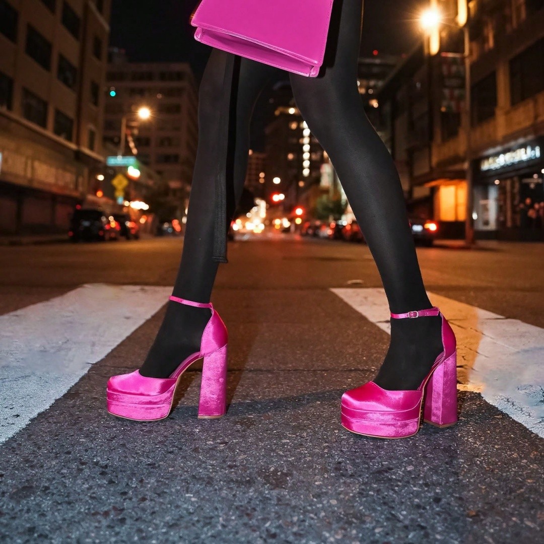 Women Platform Pump Shoes High Chunky Block Heel Square Toe Rhinestone Pumps
