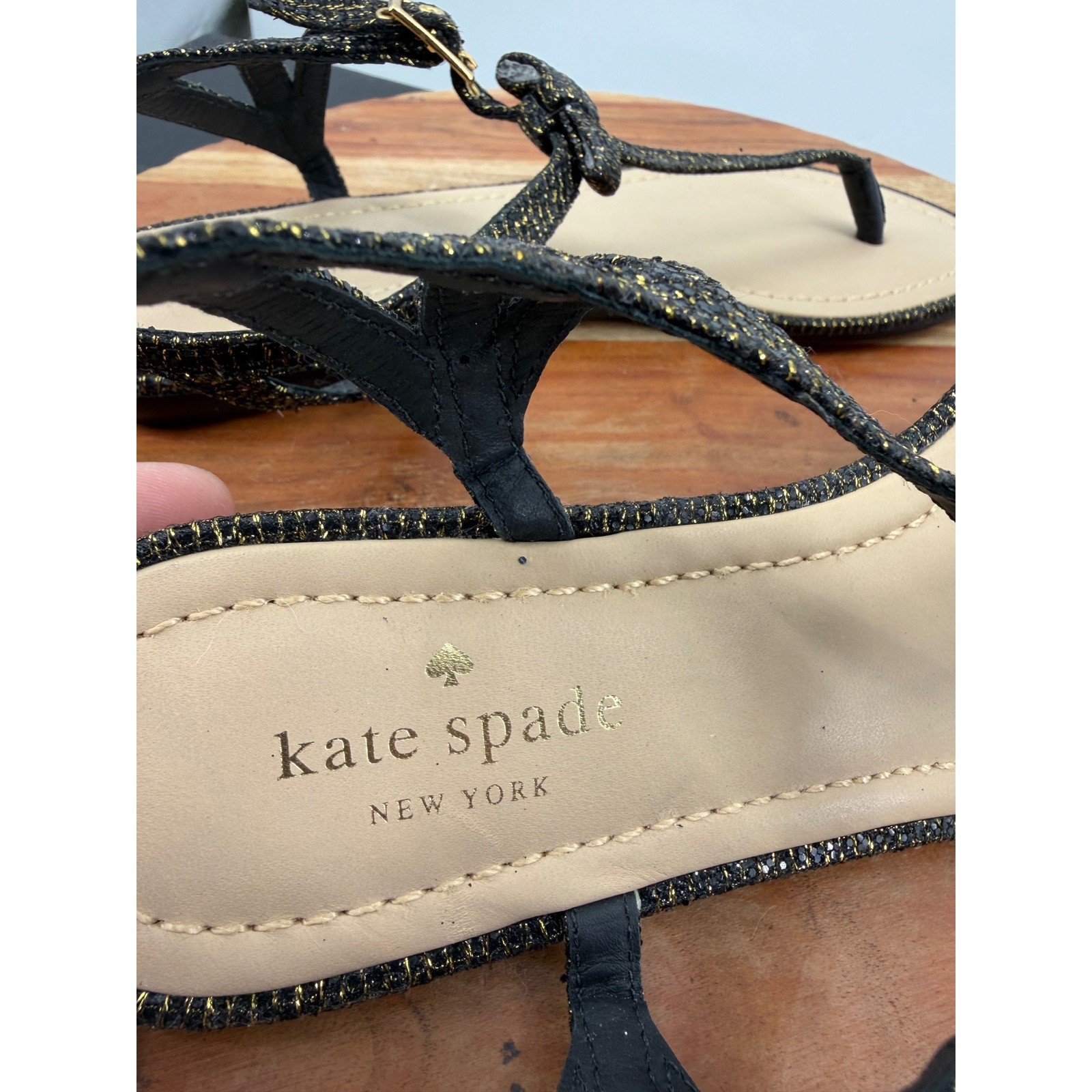 Kate Spade New York T-Strap Sandals Women 10M Black Gold Metallic Bow Flat