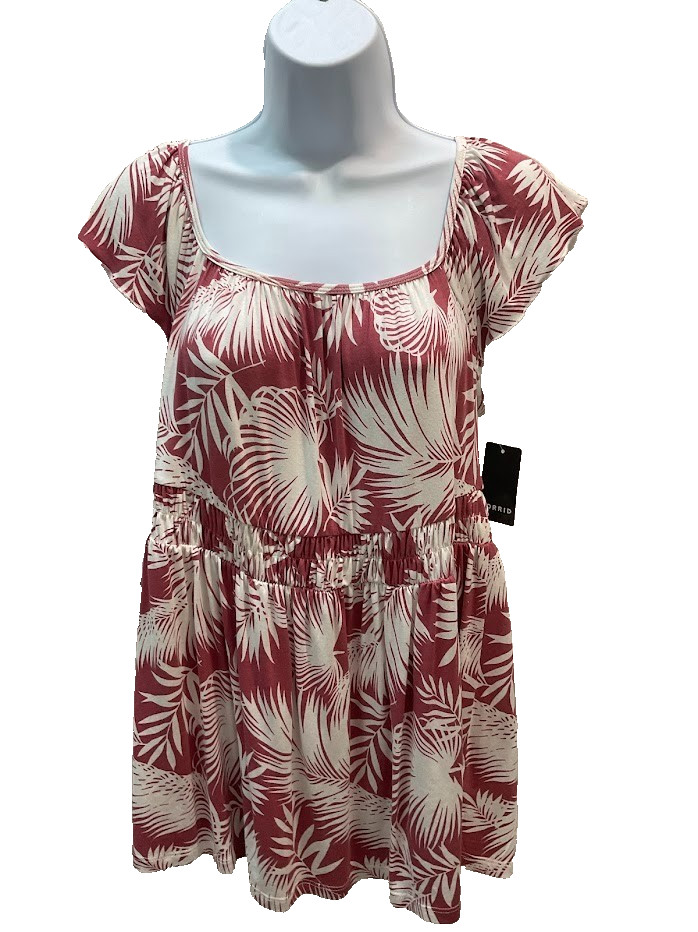 NWT Torrid Super Soft Babydoll Top Size 0 L 12 Coral Palm Flutter Sleeve Stretch