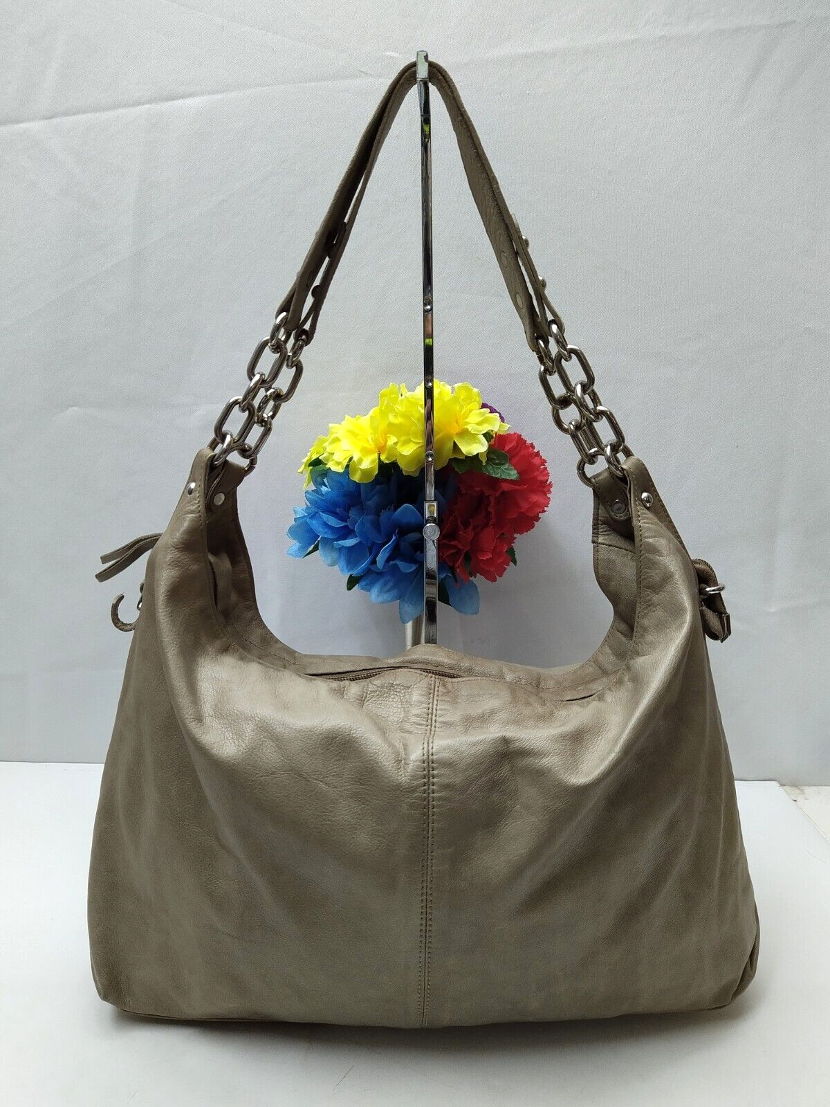 Marzia Gray Leather Chain Strap Zipper Closure Hobo Shoulder Bag – Made in Italy