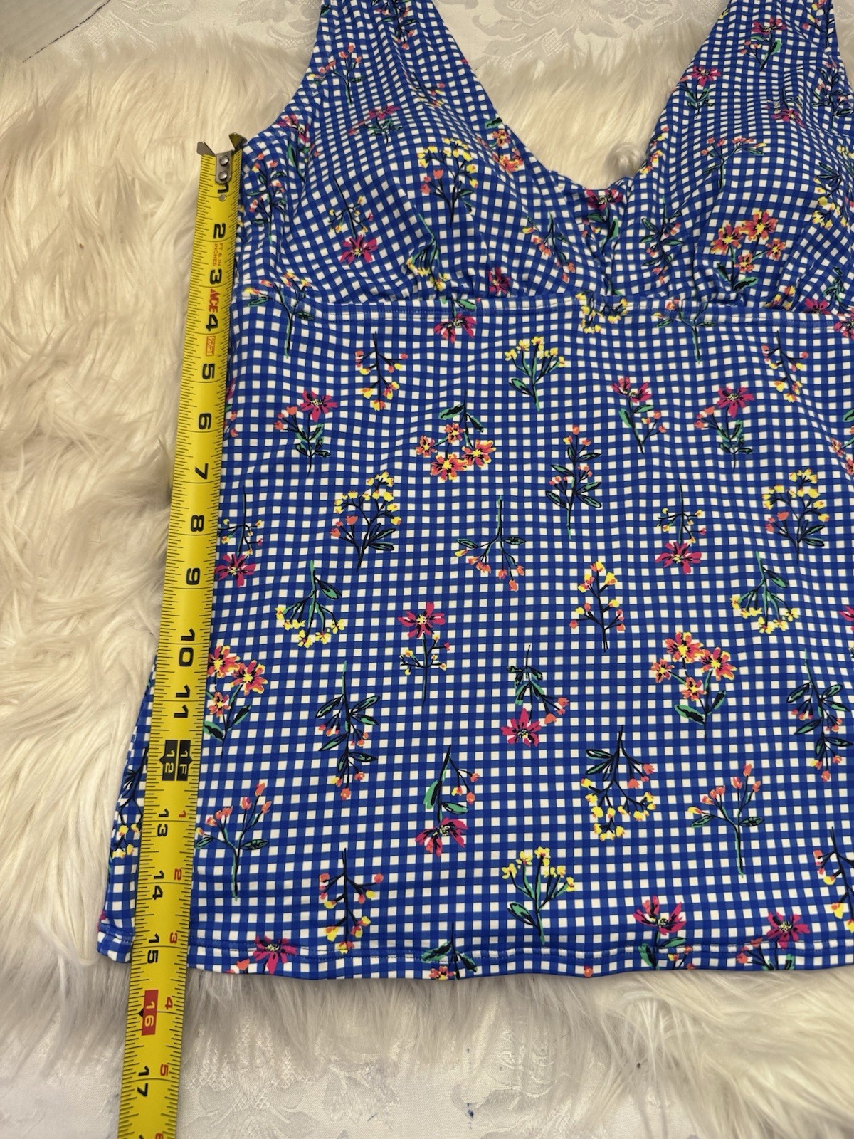 Lands’ End 10 Blue Floral Gingham Tankini Swimsuit Top Deep Plunge V Neck Modest