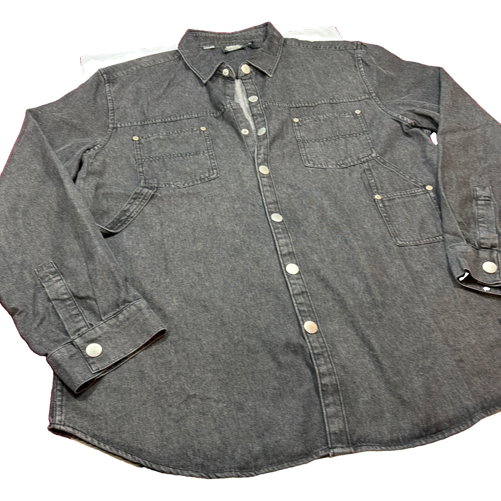 WeSC Shirt Men’s 2XL Black Carpenter Overshirt Acid Wash SNAP FRONT Long Sleeves